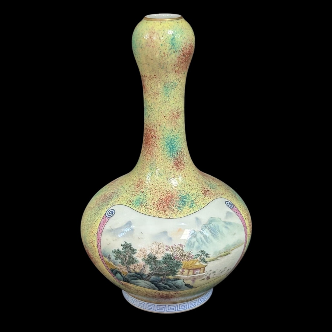 An Exquisite Marble Glazed Famille-Rose Painted Gold Landscape and Figure Pattern Vase: An Exquisite Marble Glazed Famille-Rose Painted Gold Landscape and Figure Pattern Vase,Qing Dynasty,China,Yongzheng Six-character Mark,Size:4.1inx8.7in