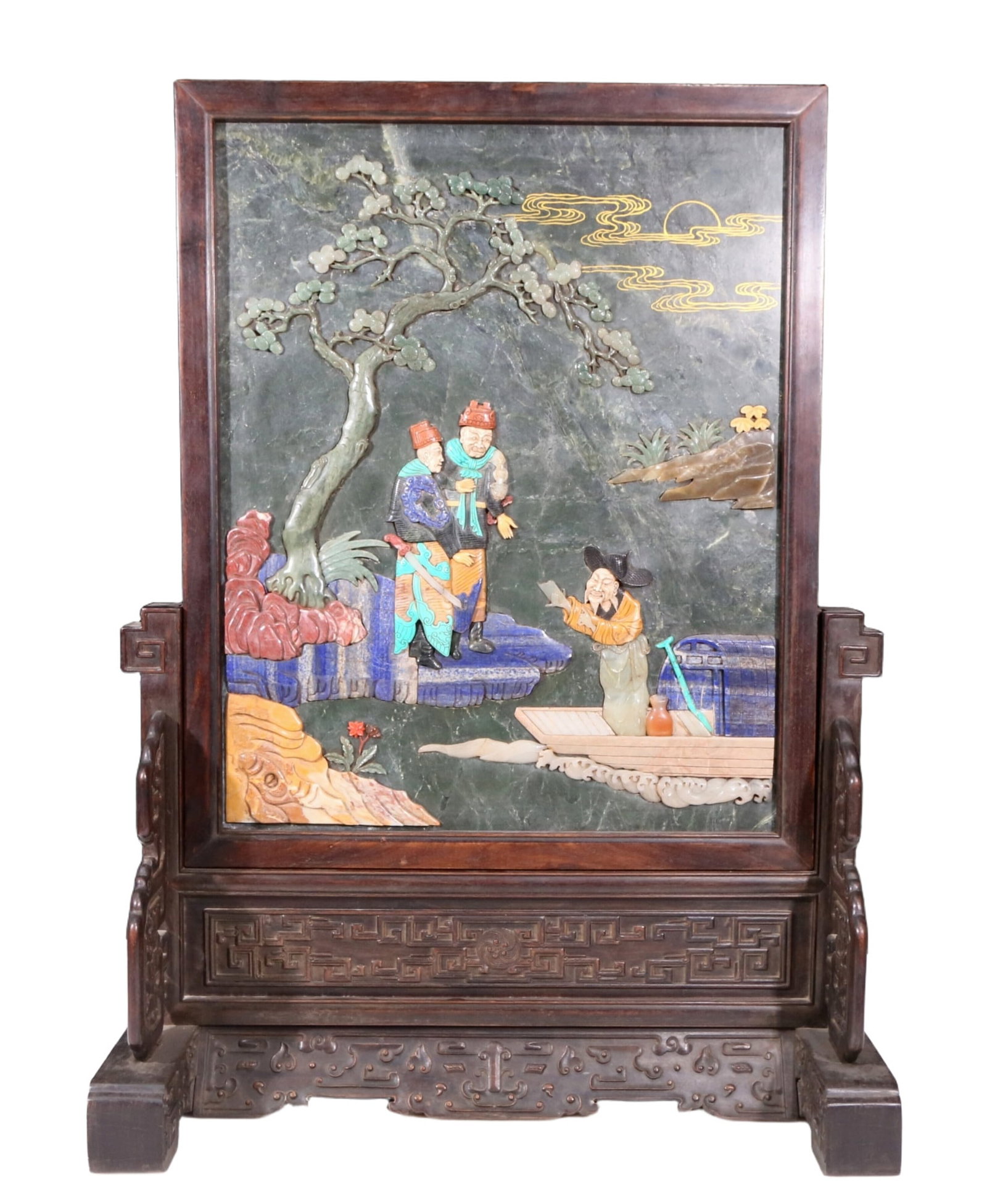 An exquisite zitanwood inlaid with jasper, gold inlaid with gems, landscape and figures pattern (1 of 20)