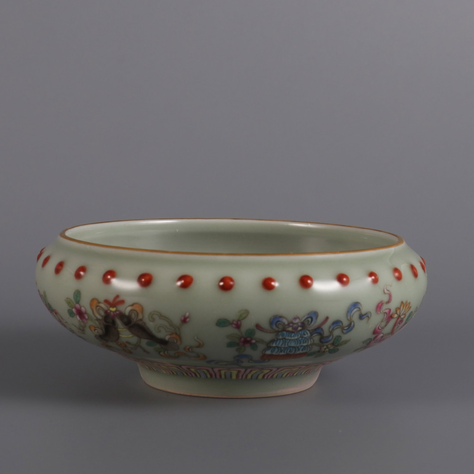 An Exquisite Celadon Glazed Famille-Rose Eight Treasures Pattern Brush Washer: An Exquisite Celadon Glazed Famille-Rose Eight Treasures Pattern Brush Washer,Qing Dynasty,China,Qianlong Six-character Mark,Size:2.3inx5.5in 豆青釉粉彩八宝&#