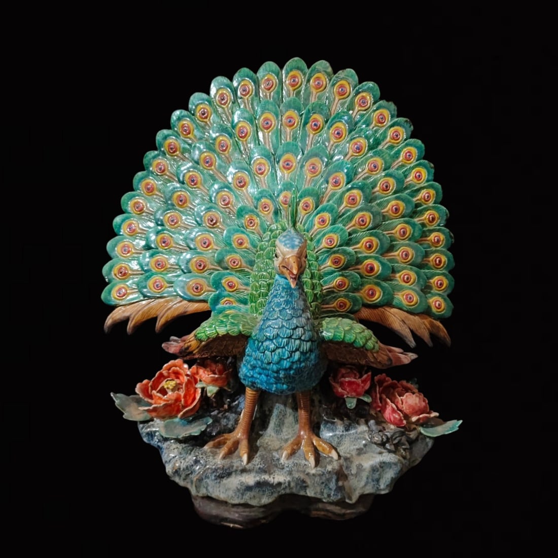 A Huge Shiwan yao Peacock Ornament: A Huge Shiwan yao Peacock Ornament,the Republic of China,With Mark,Size:15.7inx10.2inx20.5in 石湾窑孔雀摆件,中国民国时期,&