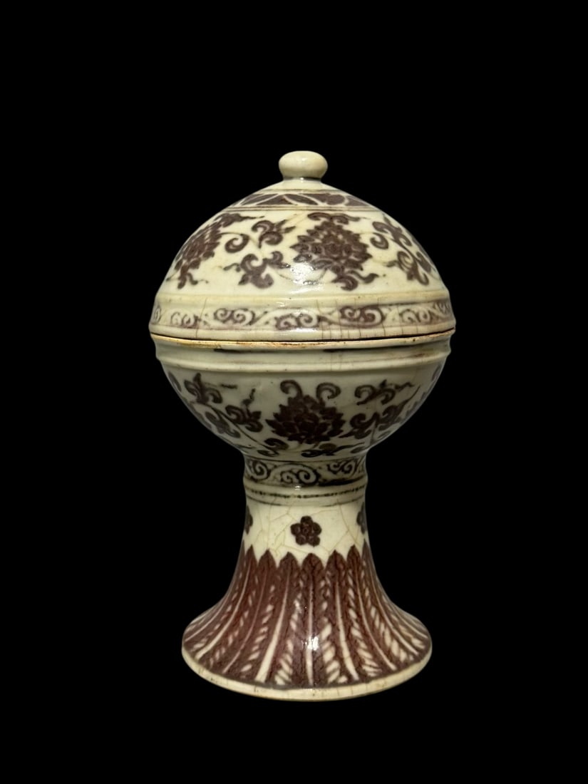 An Exquisite Underglaze-Red Lotus Pattern Stem Jar with Cover: An Exquisite Underglaze-Red Lotus Pattern Stem Jar with Cover,Ming Dynasty,China,Xuande Six-character Mark,Size:7.7inx3.9in
