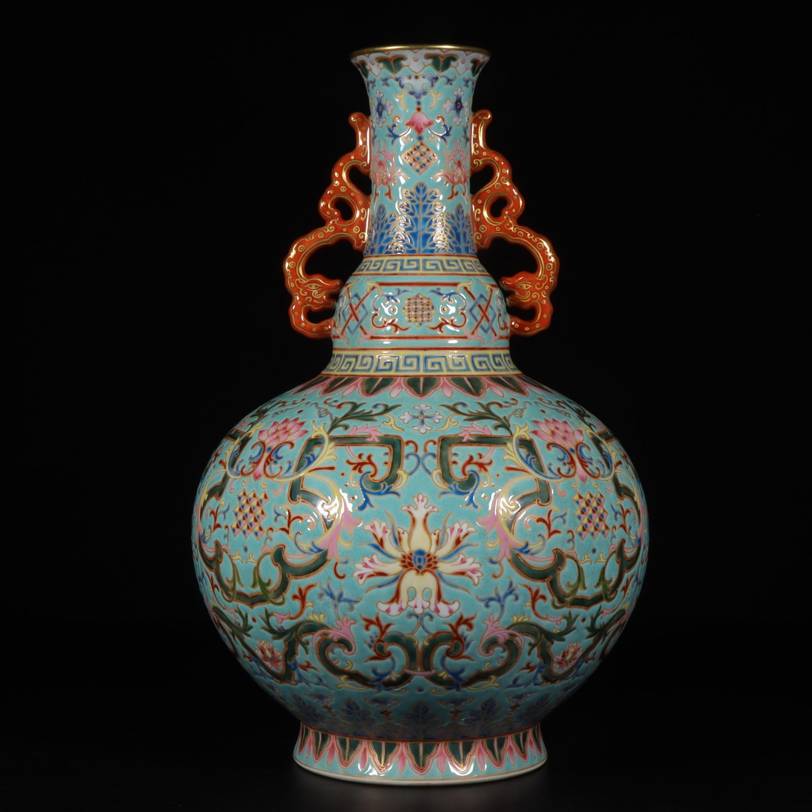A Rare Enamel Painted Gold Lotus Pattern Double-Ears Gourd-Shaped Vase: A Rare Enamel Painted Gold Lotus Pattern Double-Ears Gourd-Shaped Vase,Qing Dynasty,China,Qianlong Four-character Mark,Size:11.9inx4.7in 珐琅彩描金缠枝莲