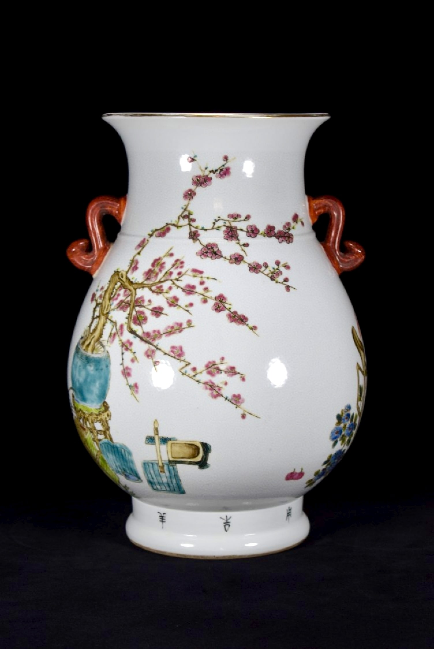 A Rare Famille-Rose Flower Pattern Double-Ears Vase,with poem: A Rare Famille-Rose Flower Pattern Double-Ears Vase,with poem,Qing Dynasty,China,With Mark,Size:13.8inx9.4in 粉彩花卉纹双耳瓶,带诗文,&