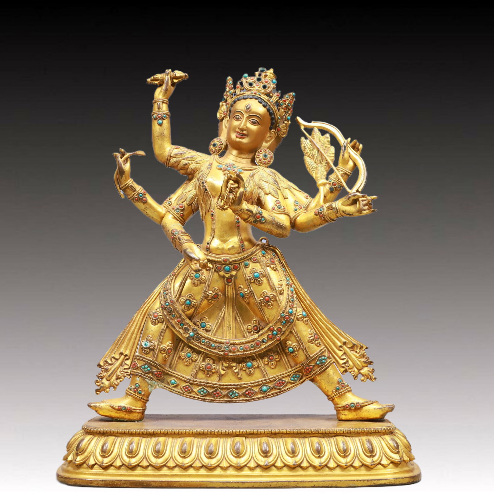A Solemn Gilt Bronze Statue of Vajrasattva, Inlaid Gems: A Solemn Gilt Bronze Statue of Vajrasattva, Inlaid Gems,Ming Dynasty, China,Size:33x13x15.7in,Weight:7300g 铜鎏金金刚萨陲像,嵌宝石,