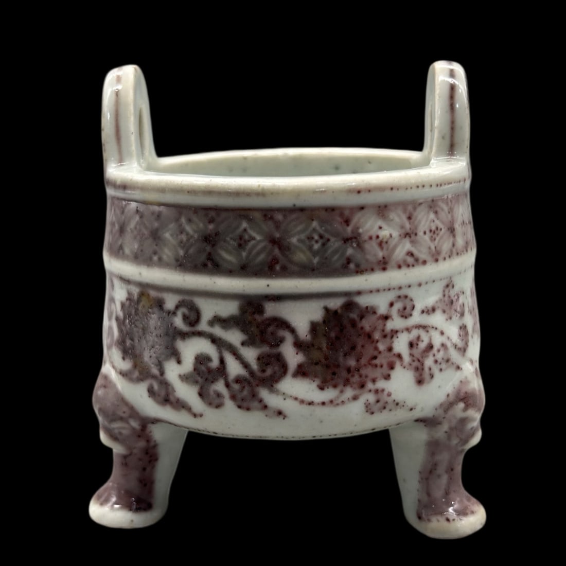 An Exquisite Underglaze-Red Lotus Pattern Double-Ears Tripod Censer: An Exquisite Underglaze-Red Lotus Pattern Double-Ears Tripod Censer,Ming Dynasty,China,Xuande Six-character Mark,Size:4.3inx3.3in