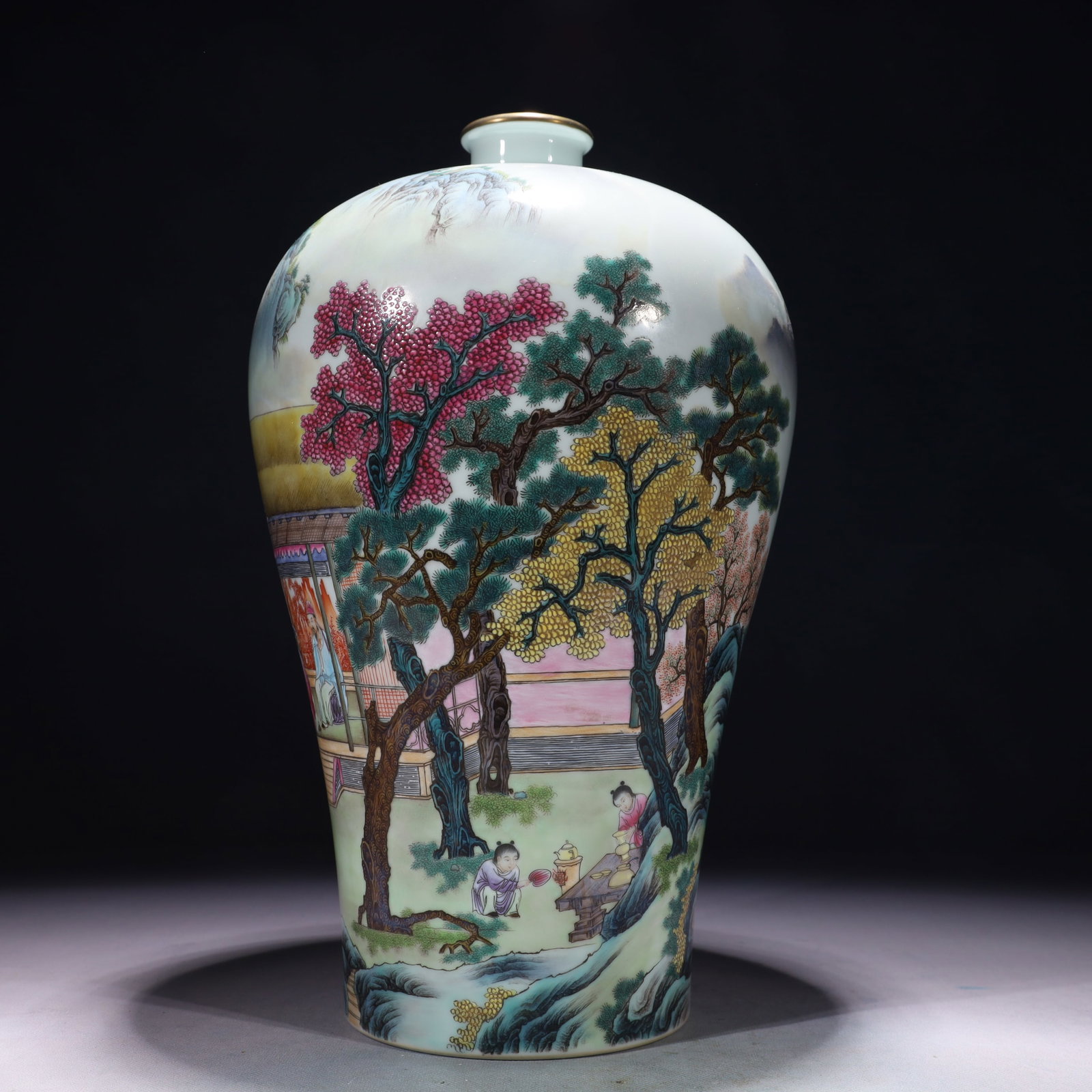An Exquisite Famille-Rose Painted Gold Landscape and Figure Pattern Vase: An Exquisite Famille-Rose Painted Gold Landscape and Figure Pattern Vase,Qing Dynasty,China,Yongzheng Six-character Mark,Size:8.3inx15.7in,Weight:4050g 粉彩描金山水