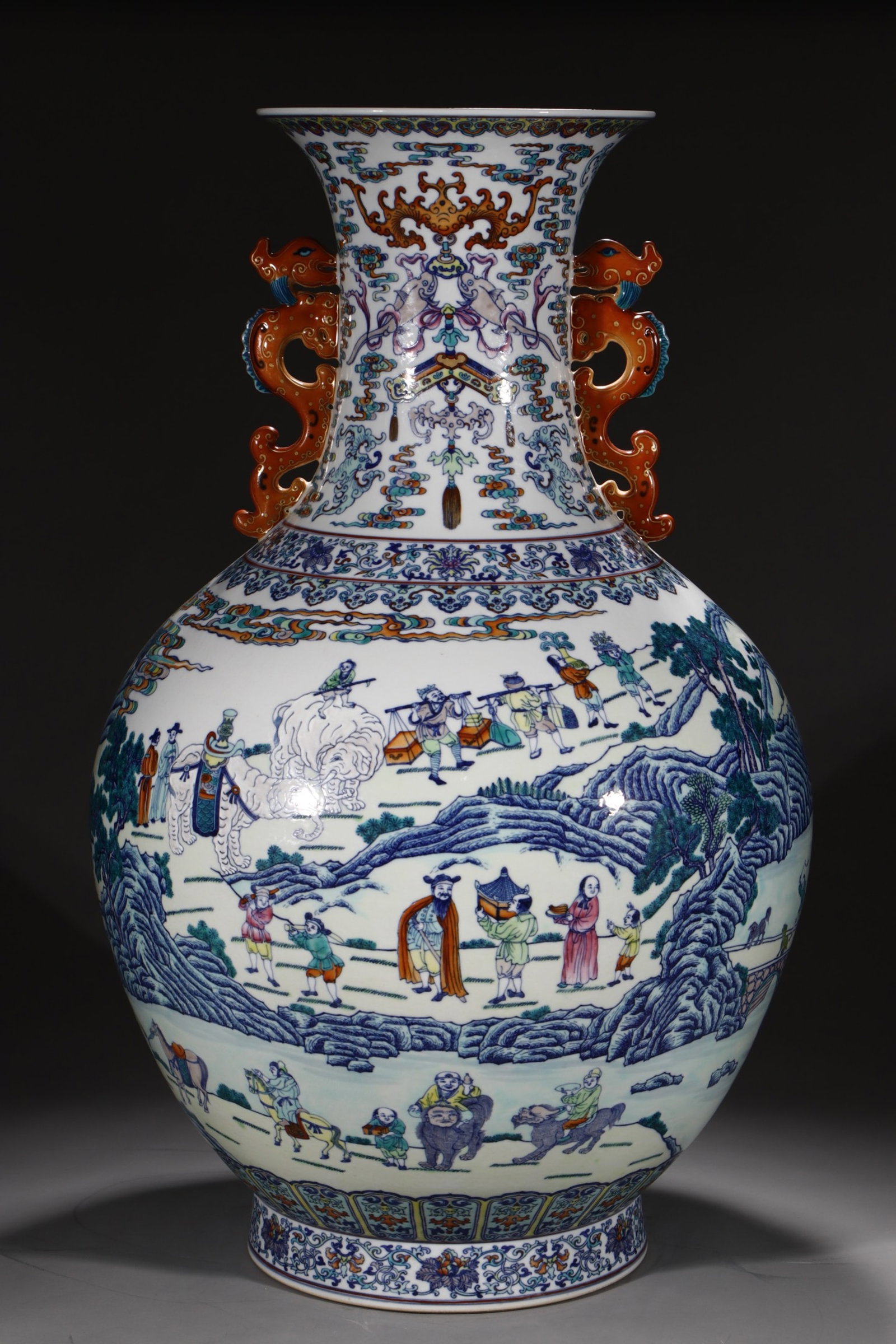 A Huge Blue and White Doucai Character and Story Pattern Double-Ears Vase: A Huge Blue and White Doucai Character and Story Pattern Double-Ears Vase,Qing Dynasty,China,Qianlong Six-character Mark,Size:28.5in 青花斗彩人物故事