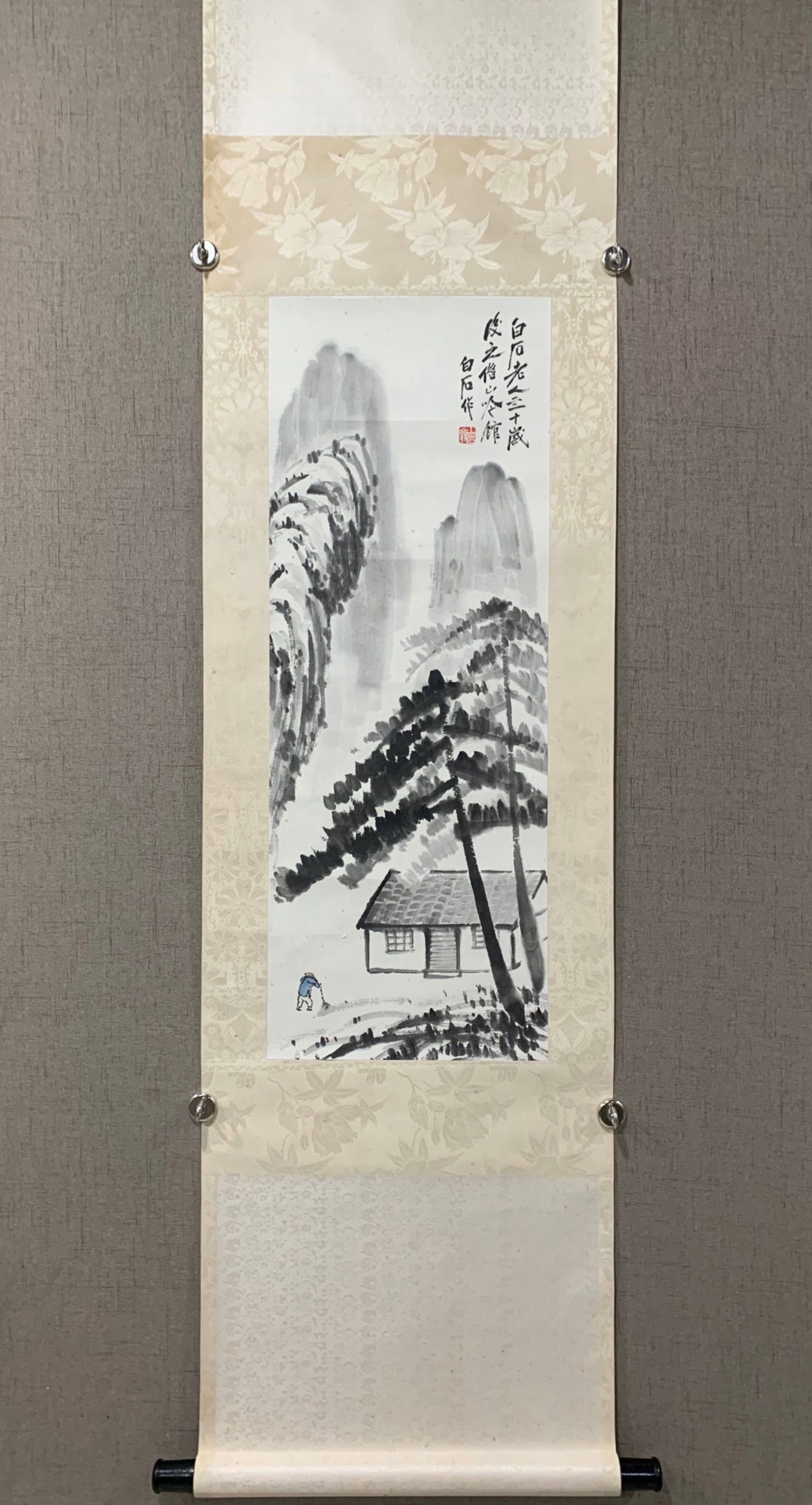 A Chinese Vertical Scroll Ink Painting of Landscape on Paper: A Chinese Vertical Scroll Ink Painting of Landscape on Paper,Qi Baishi,Size:32.7inx12.2in 一幅中国水墨山水画立轴,齐白ĳ