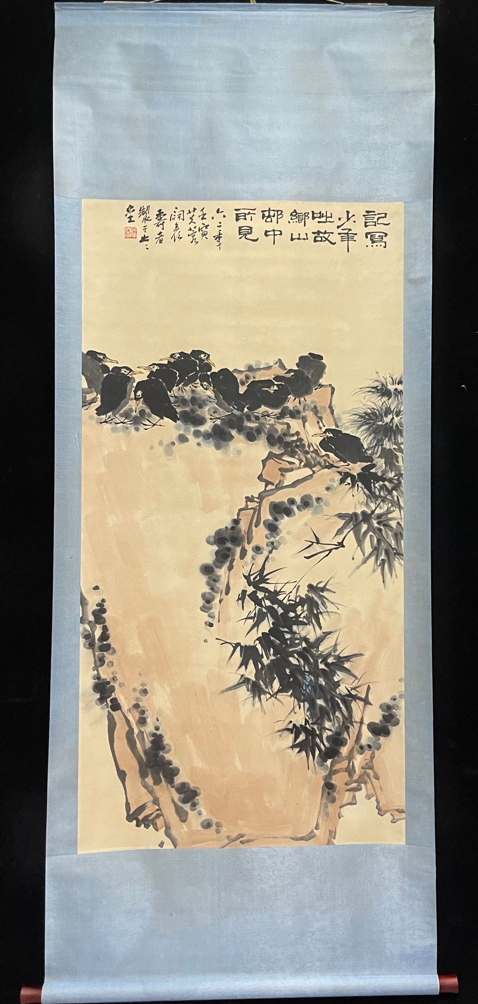 A Chinese Vertical Scroll Ink Painting of Flower and Bird on Paper: A Chinese Vertical Scroll Ink Painting of Flower and Bird on Paper,Pan Tianshou,Size:26.8inx53.9in 一幅中国水墨花鸟画立轴,潘