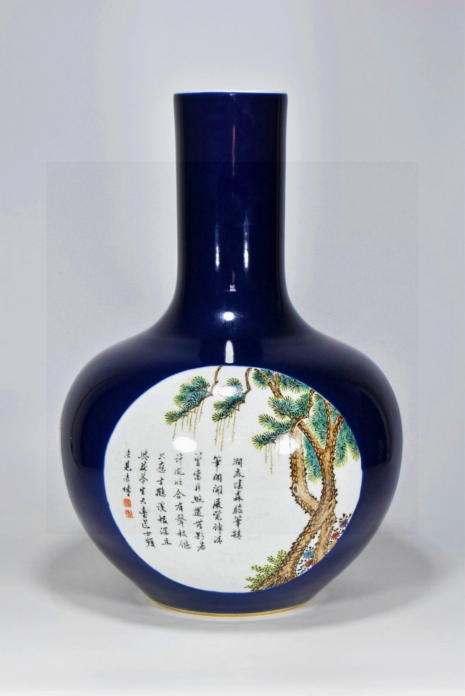 A Huge Ji Blue Glazed Pine,Bamboo and Plum Blossom Pattern Vase,with poem: A Huge Ji Blue Glazed Pine,Bamboo and Plum Blossom Pattern Vase,with poem,Qing Dynasty,China,Daoguang Six-character Mark,Size:16.9inx11.8in 霁蓝釉松竹梅纹