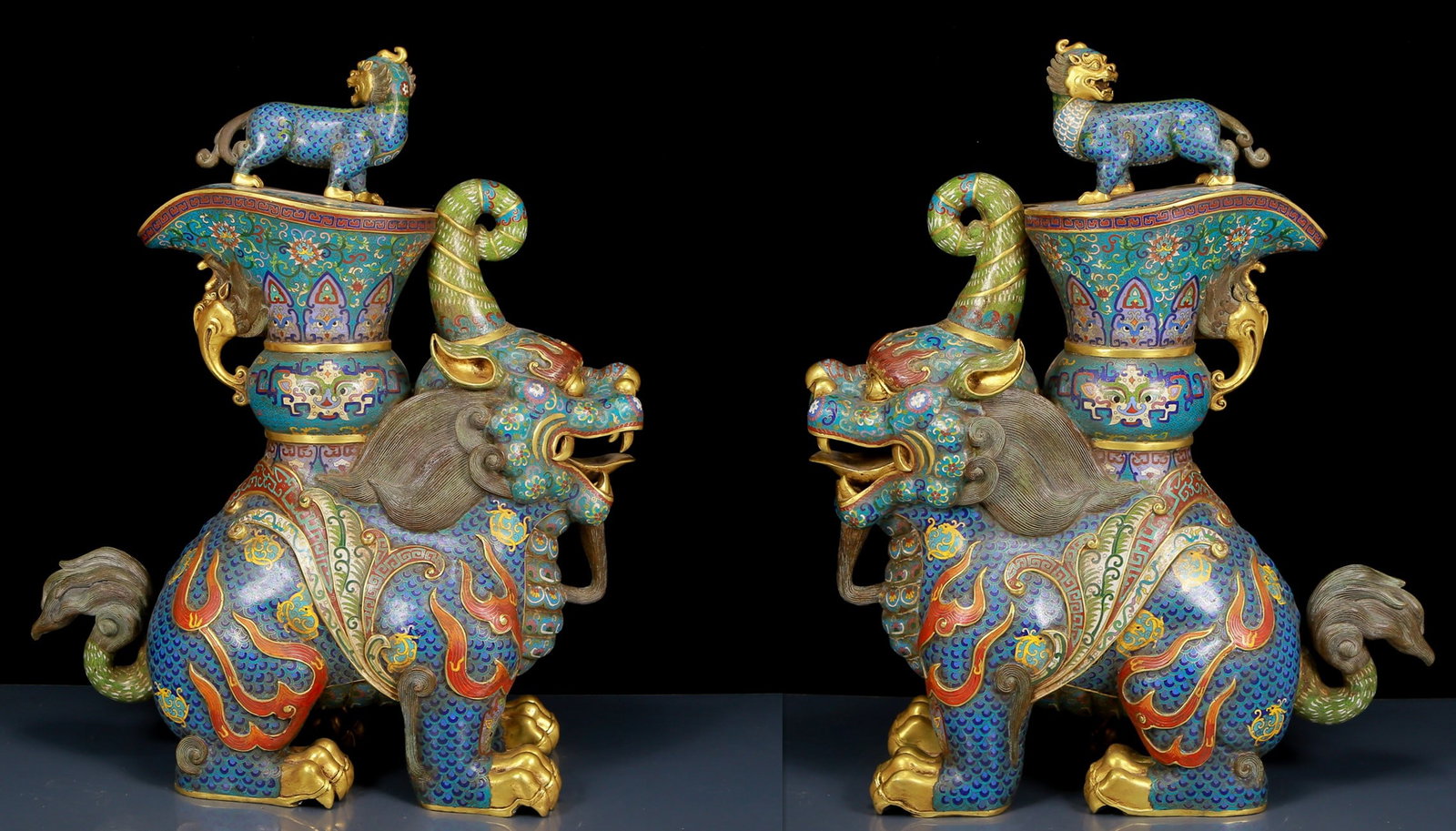 A Pair of Huge Cloisonne Auspicious Beast Censers: A Pair of Huge Cloisonne Auspicious Beast Censers,Qing Dynasty, China,Qianlong Six-character Mark,Size:22.8inx9.8inx25.6in,Weight:64.90kg 一对景泰蓝子母ண