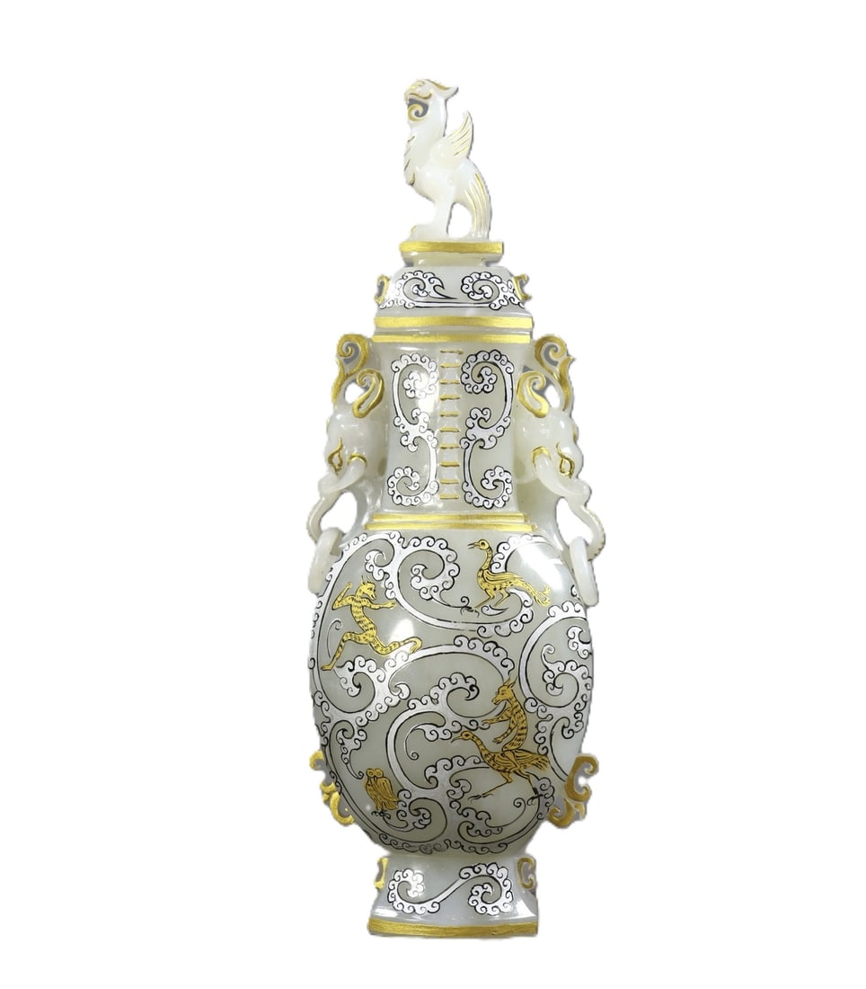 An Exquisite White Jade Inlaid Gold and Silver Dragon Pattern Double-Ears Bottle: An Exquisite White Jade Inlaid Gold and Silver Dragon Pattern Double-Ears Bottle,Qing Dynasty,China,Size:10.8inx3.7inx2.4in,Weight:1064g 白玉错金银龙纹双