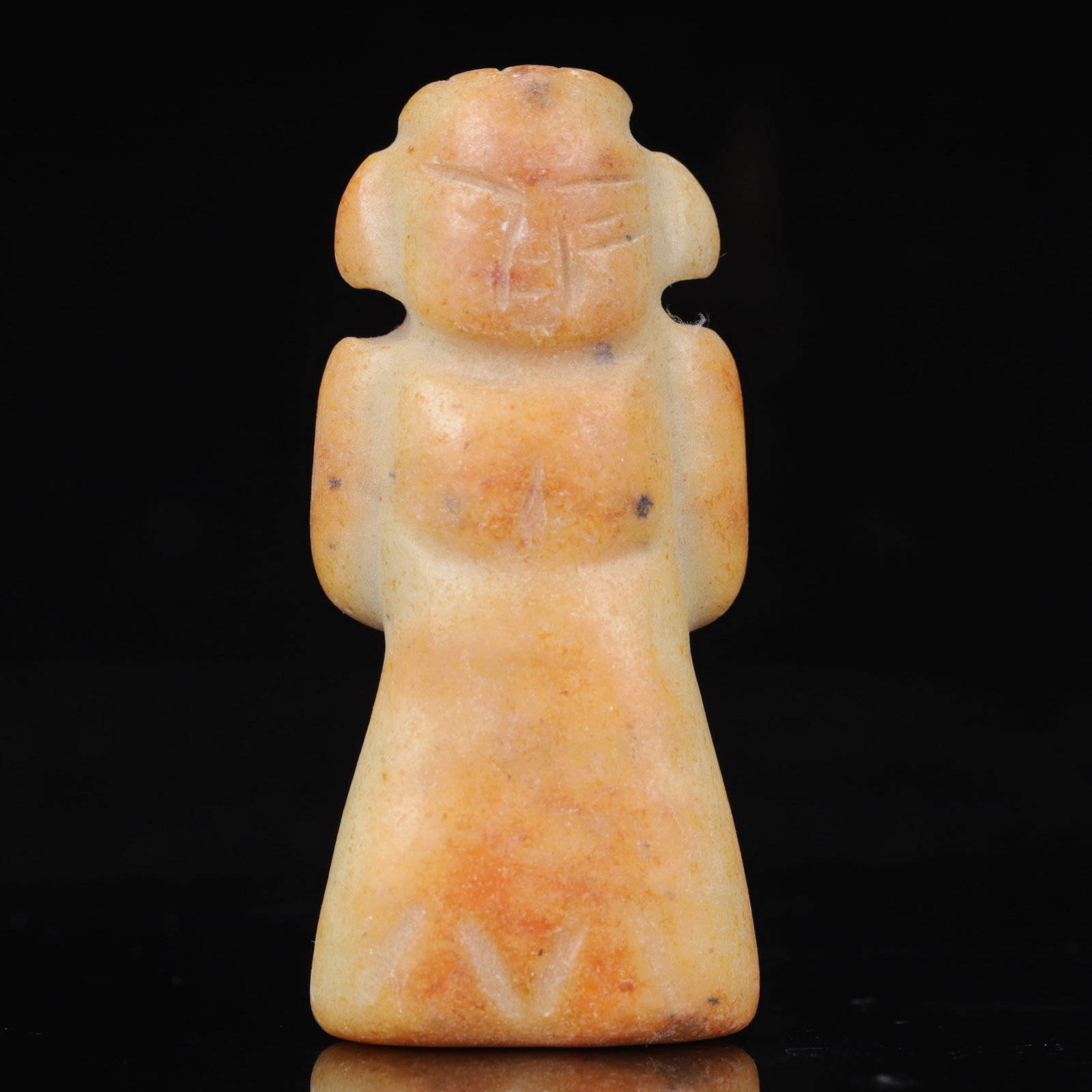 An Archaic Hongshan Culture Yellow Jade Figure Ornament: An Archaic Hongshan Culture Yellow Jade Figure Ornament,Ancient Time,China,Size:1.6inx0.8inx3.3in,Weight:125g 红山文化黄玉人物摆件,新&