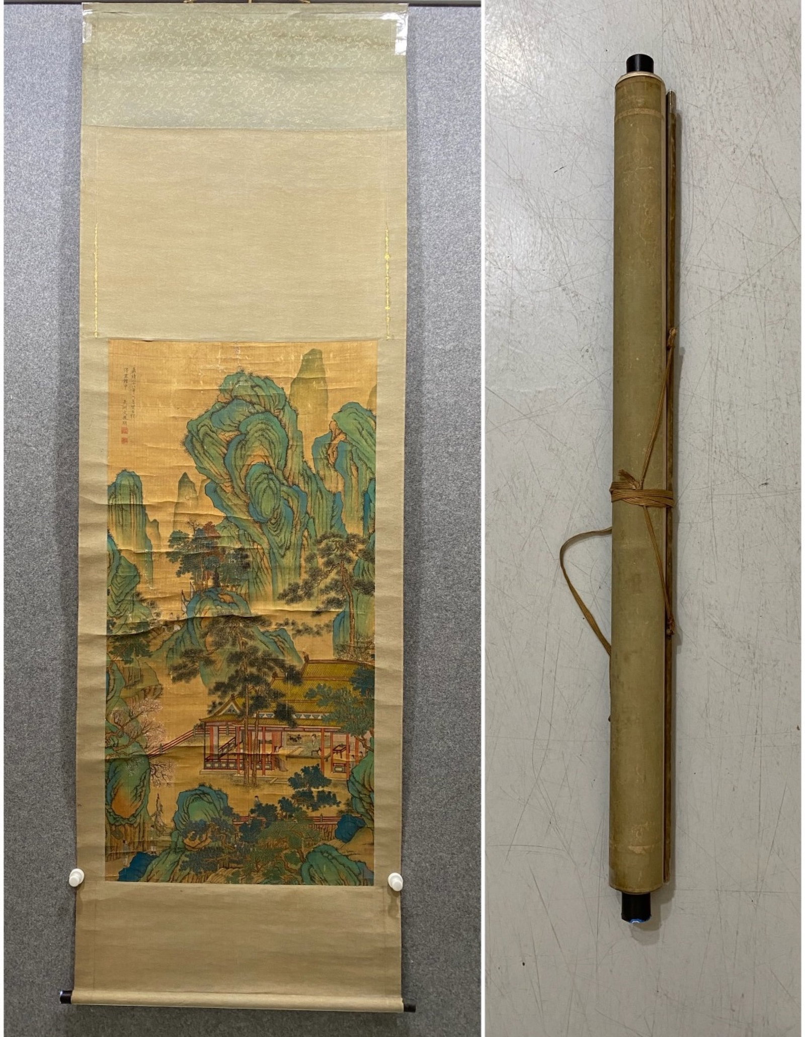 A Chinese Vertical Scroll Ink Painting of Landscape on Silk: A Chinese Vertical Scroll Ink Painting of Landscape on Silk,Wen Zhengming,Size:49.6inx26.8in 一幅中国水墨绢本山水画立轴,&#