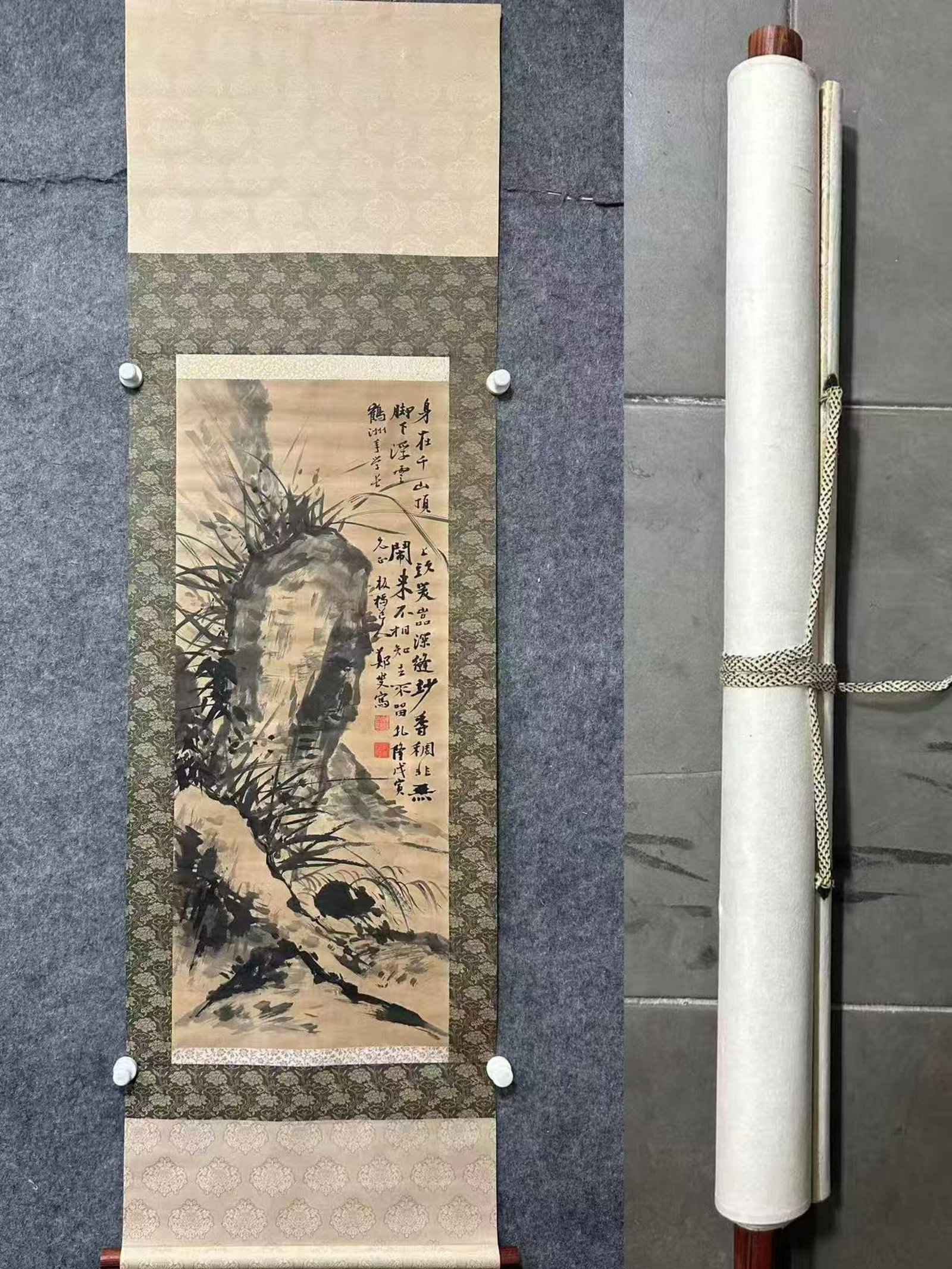 A Chinese Vertical Scroll Ink Painting of Landscape on Paper: A Chinese Vertical Scroll Ink Painting of Landscape on Paper,Zheng Banqiao,Size:15.7inx37.8in 一幅中国水墨山水画立轴,郑板&
