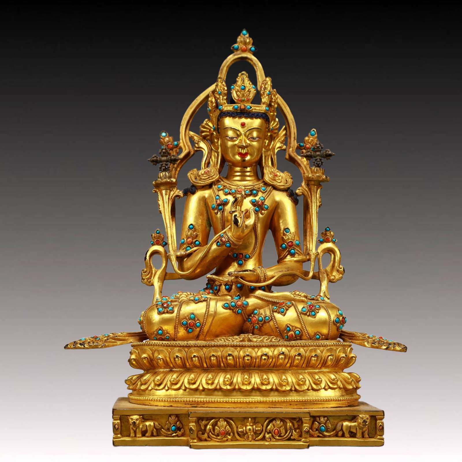 A Solemn Gilt Bronze Statue of Sakyamuni,Inlaid Turquoise: A Solemn Gilt Bronze Statue of Sakyamuni,Inlaid Turquoise,Ming Dynasty, China,Size:8.3inx8.9inx11in,Weight:3200g 铜鎏金不动如来佛像,嵌ಳ