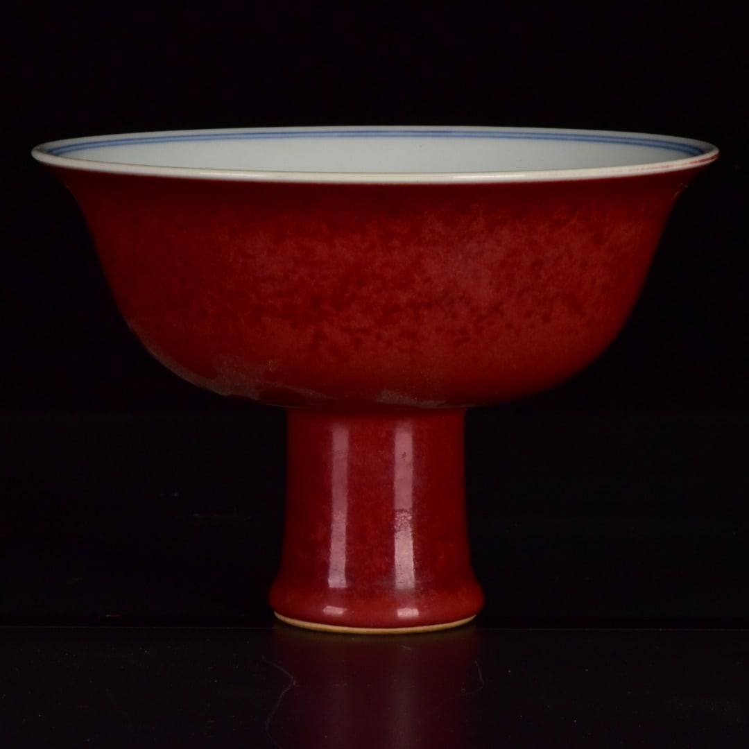 An Exquisite Blue and White Red Glazed Dragon Pattern Stem Cup: An Exquisite Blue and White Red Glazed Dragon Pattern Stem Cup,Ming Dynasty,China,Xuande Six-Character Mark,Size:4.5inx6.5in 青花红釉龙纹高足杯,&#