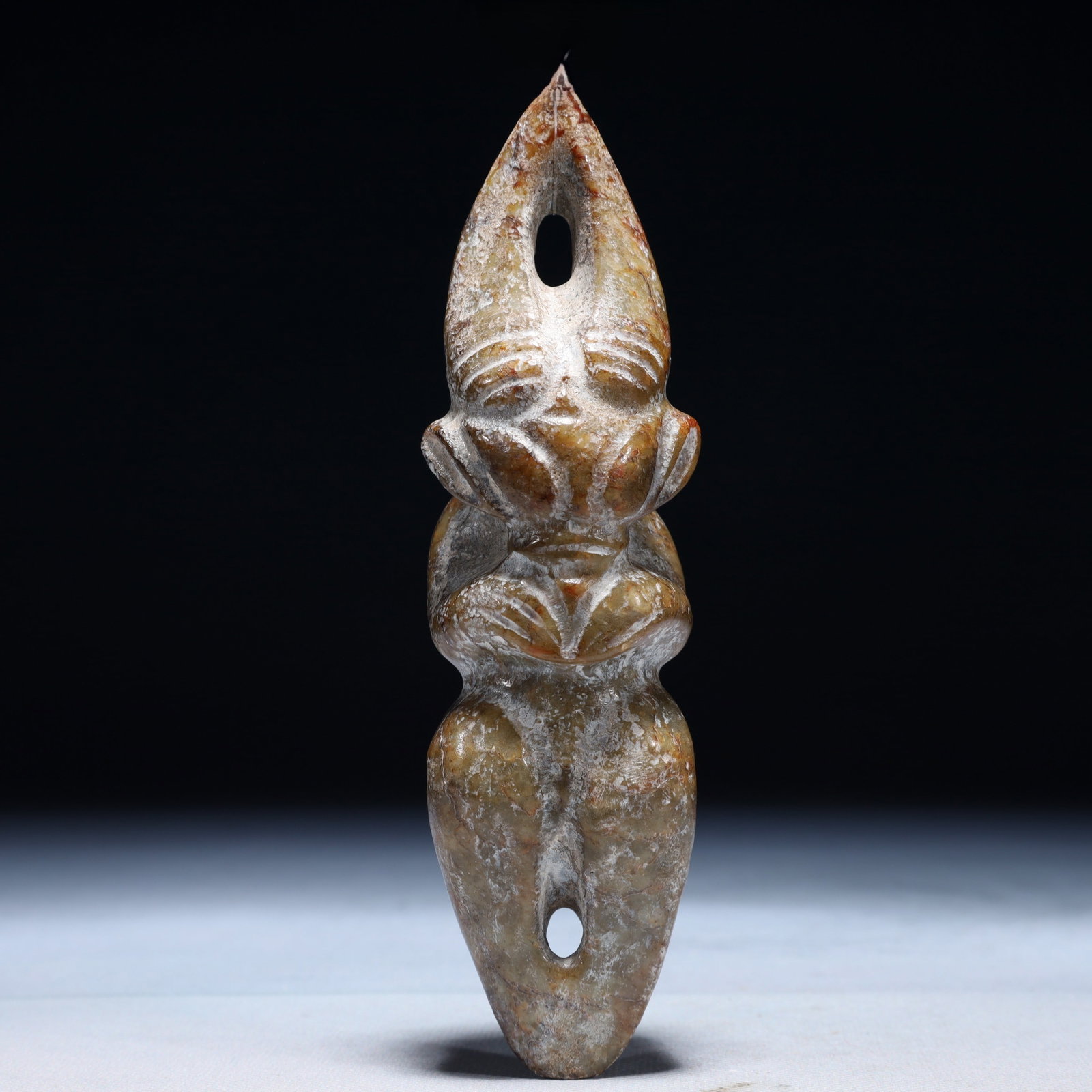 An Archaic Hongshan Culture Greenish Jade Figure Pendant: An Archaic Hongshan Culture Greenish Jade Figure Pendant,Ancient Time,China,Size:1.8inx1.4inx6.3in,Weight:300g 红山文化青白玉人物挂件,