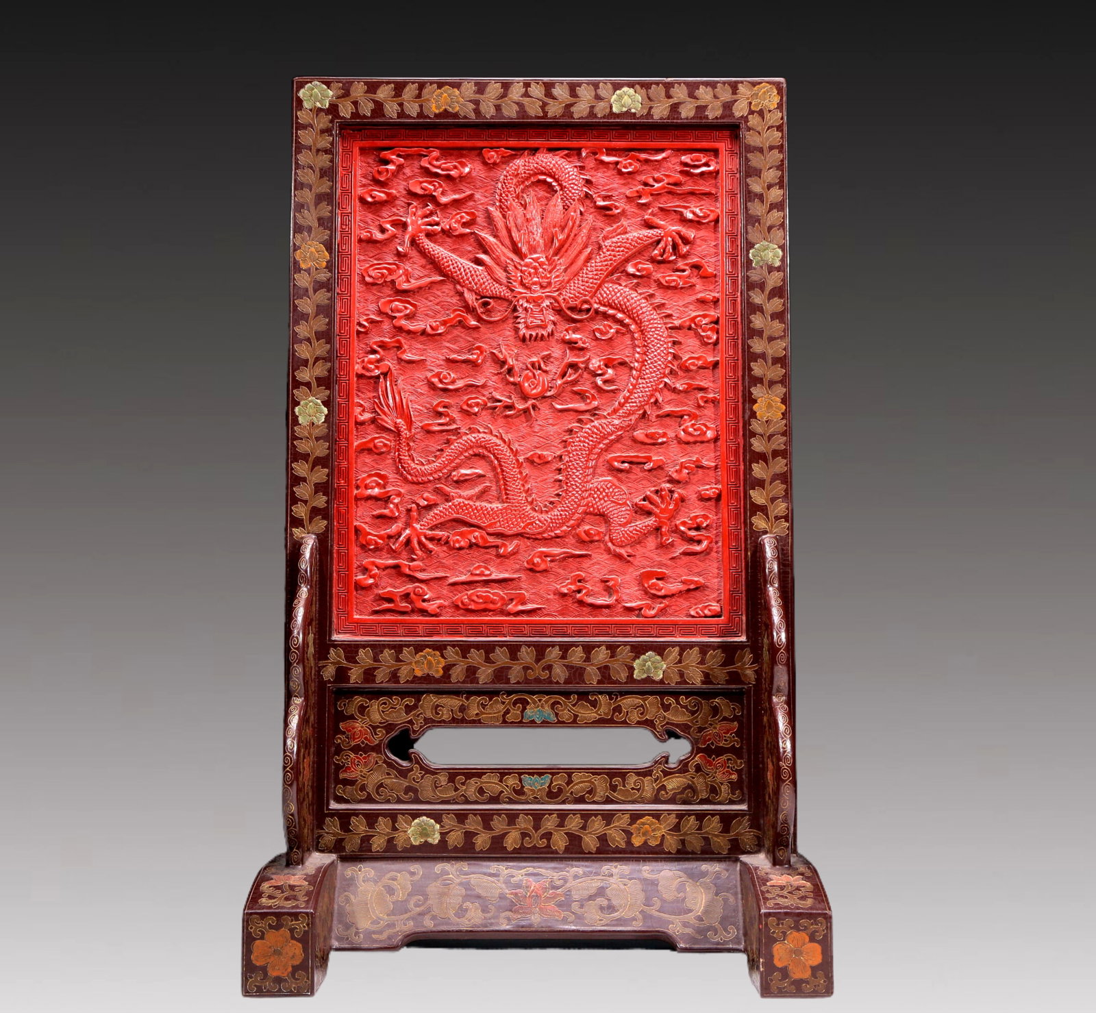 An Exquisite Wood Cinnabar-Lacquer 'Dragon, Auspicious Cloud, Landscape, Figure' Table Screen (1 of 12)
