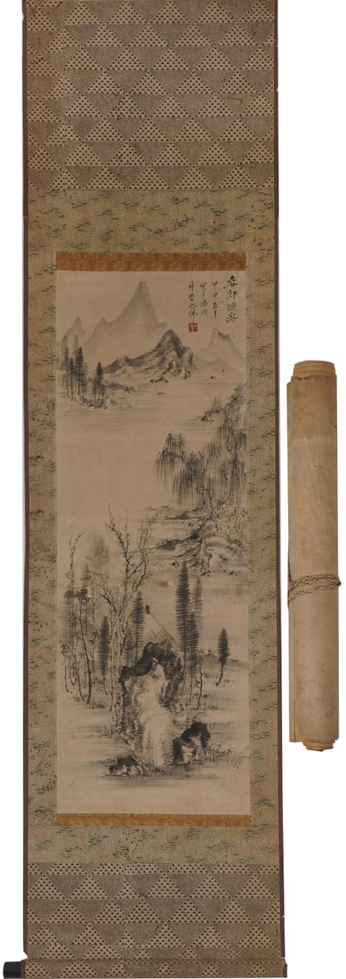 A Chinese Vertical Scroll Ink Painting of Landscape on Paper: A Chinese Vertical Scroll Ink Painting of Landscape on Paper,Size:32.3inx11in 一幅中国水墨山水画立轴