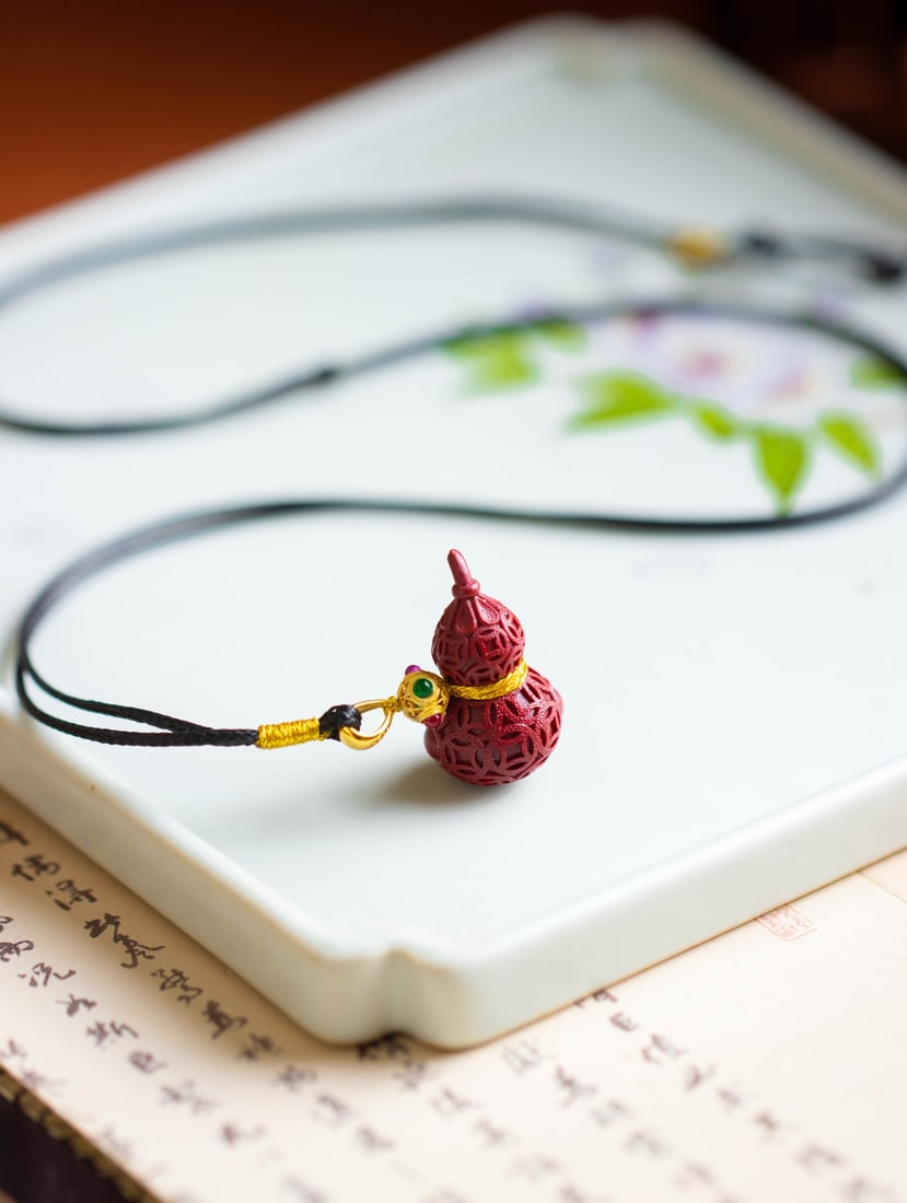 An Exquisite Sterling Silver-Gold Plated Inlaid Cinnabar Gourd Pendant: An Exquisite Sterling Silver-Gold Plated Inlaid Cinnabar Gourd Pendant 纯银镀金镶朱砂葫芦吊坠