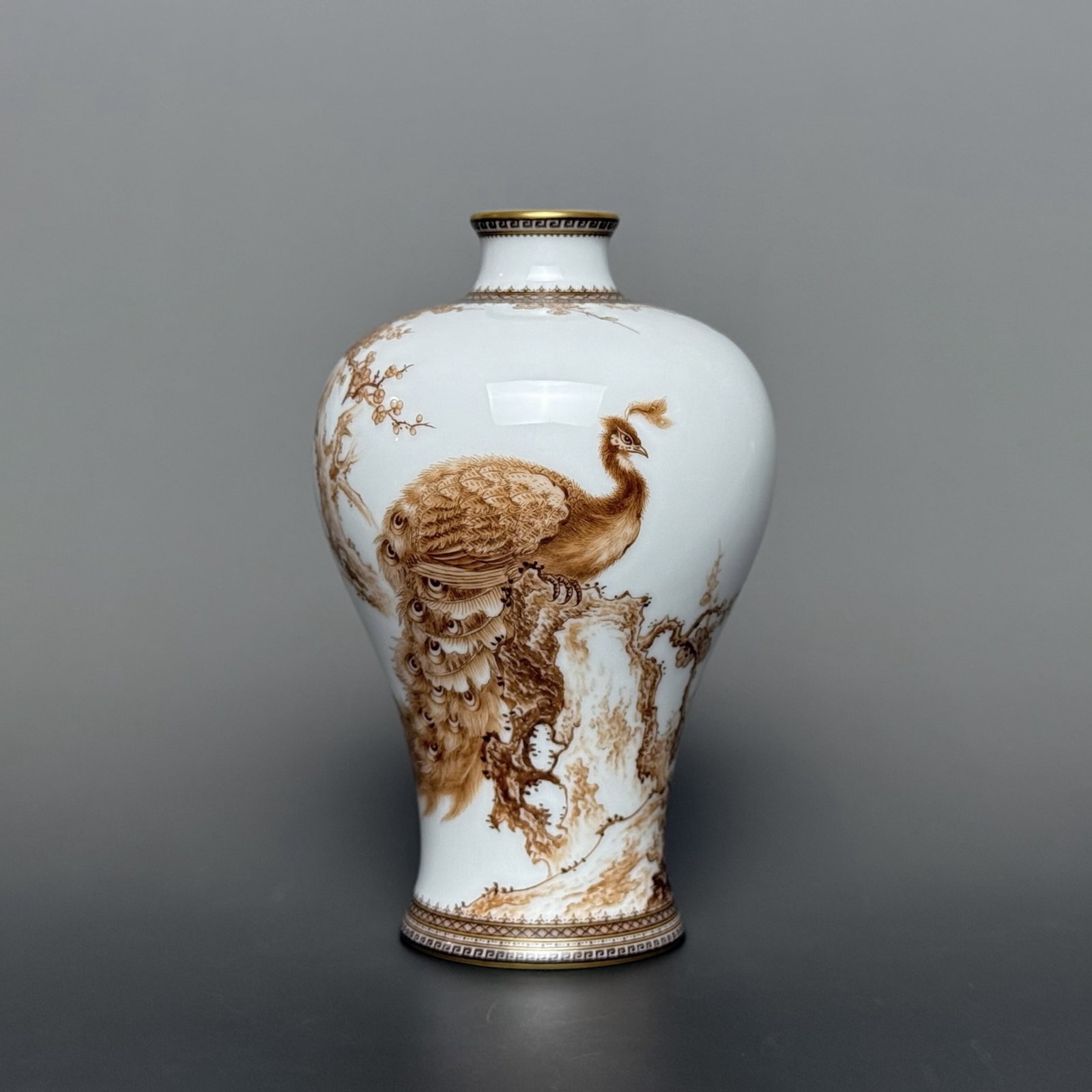 An Exquisite Brown Glaze Peacock Pattern Vase,With Poem: An Exquisite Brown Glaze Peacock Pattern Vase,With Poem,Qing Dynasty, China,Yongzheng Six-character Mark,Size:4.8inx3in 酱彩孔雀纹瓶,带诗文,ߑ