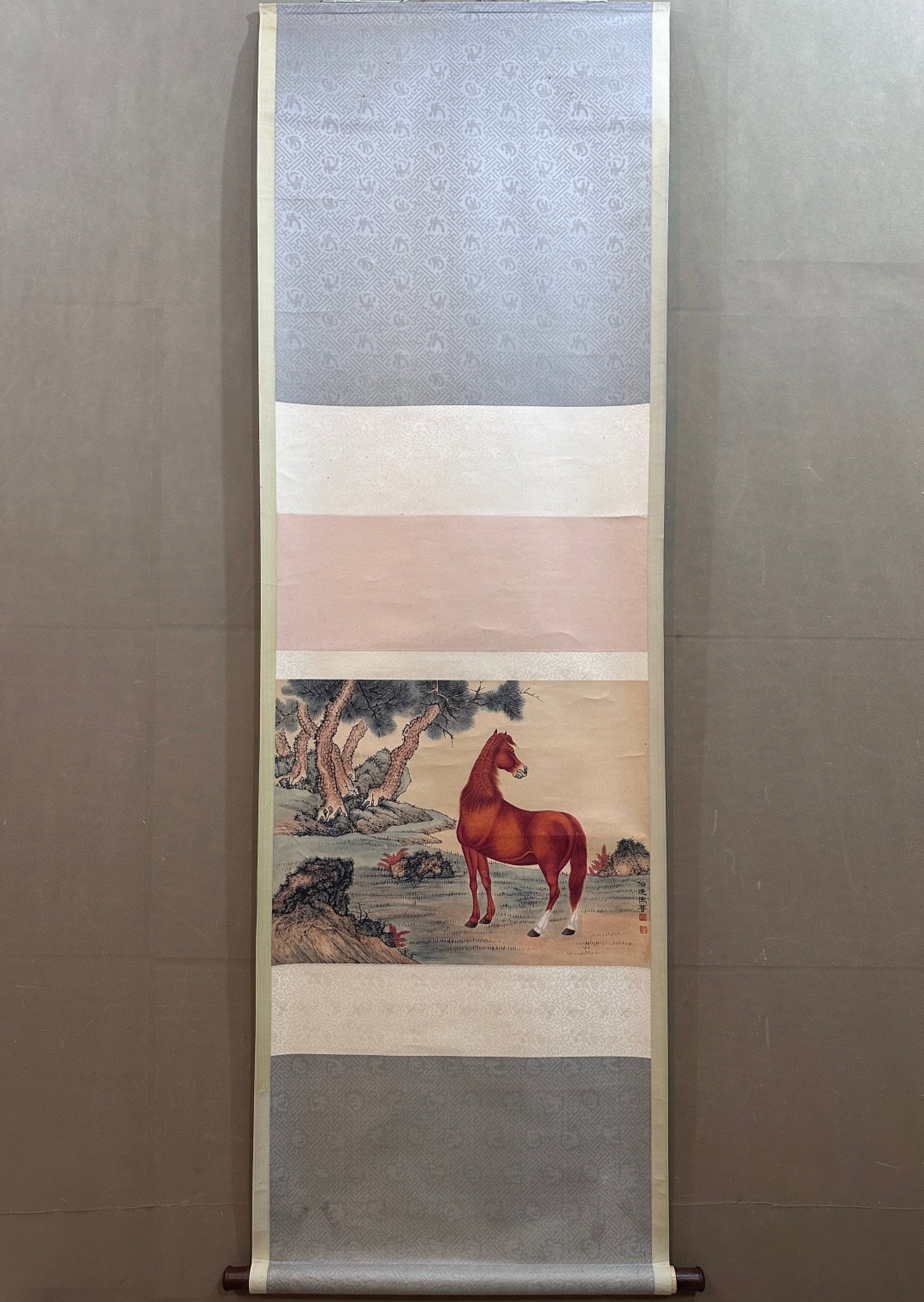 A Chinese Vertical Scroll Ink Painting of Horse on Paper: A Chinese Vertical Scroll Ink Painting of Horse on Paper,Ma Jin,Size:17.3inx23.2in 一幅中国水墨骏马画立轴,马晋