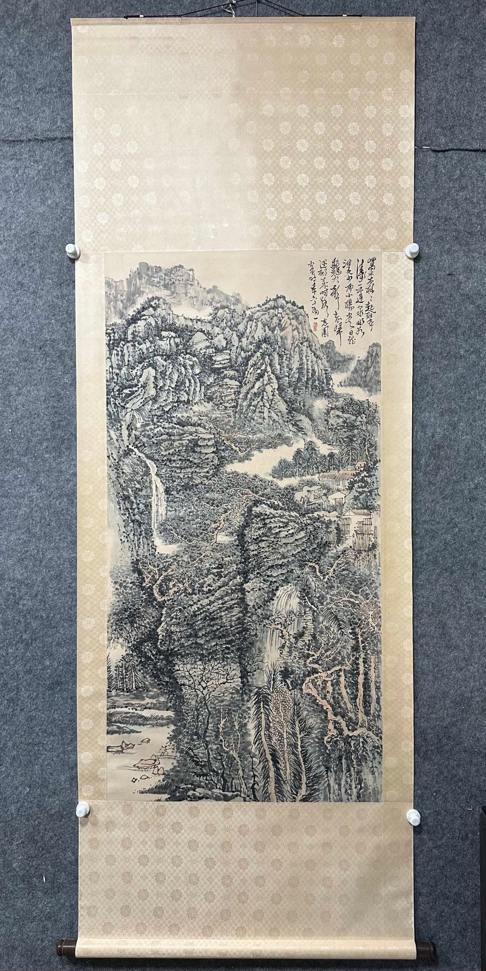 A Chinese Vertical Scroll Ink Painting of Landscape on Paper: A Chinese Vertical Scroll Ink Painting of Landscape on Paper,Huang Qiuyuan,Size:27.2inx53.5in 一幅中国水墨山水画立轴,黄秋&