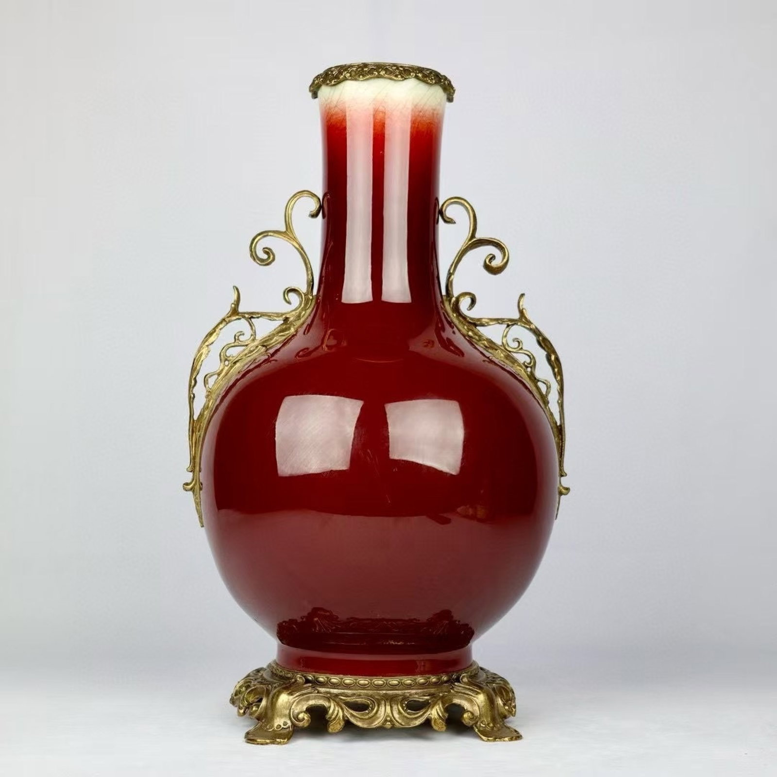 A Huge Red Glazed Inlaid Bronze Double-Ears Vase: A Huge Red Glazed Inlaid Bronze Double-Ears Vase,Qing Dynasty,China,Qianlong Six-Character Mark,Size:18.1inx10.2in