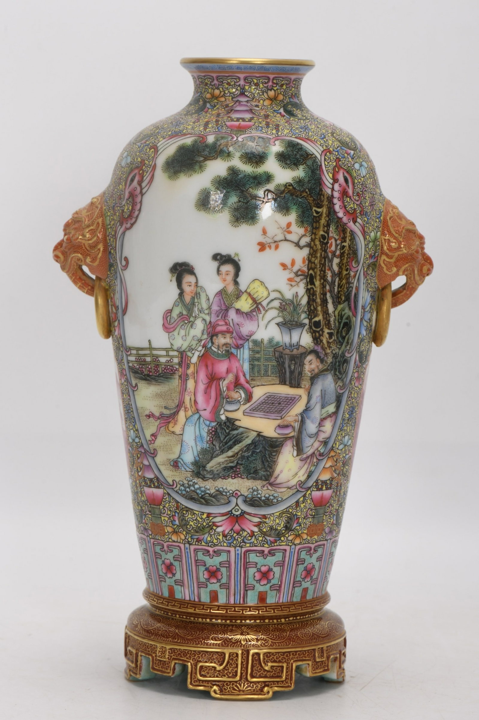 An Exquisite Enamel Character and Story Pattern Beast-Ears Vase: An Exquisite Enamel Character and Story Pattern Beast-Ears Vase,Qing Dynasty,China,Qianlong Four-character Mark,Size:8.3inx5in 珐琅彩人物故事纹兽&