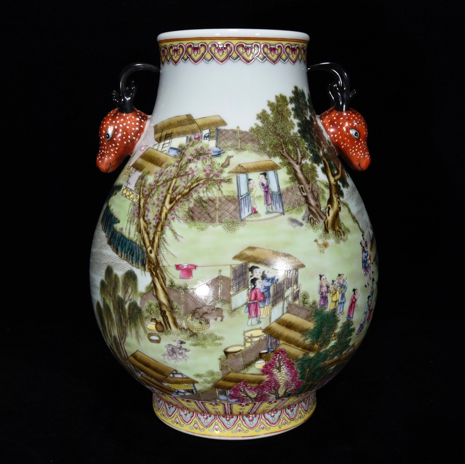 An Exquisite Famille-Rose Figure and Story Pattern Deer-Ears Vase: An Exquisite Famille-Rose Figure and Story Pattern Deer-Ears Vase,Qing Dynasty,China,Qianlong Six-Character Mark,Size:10.6inx7.9in 粉彩人物故事纹鹿ň