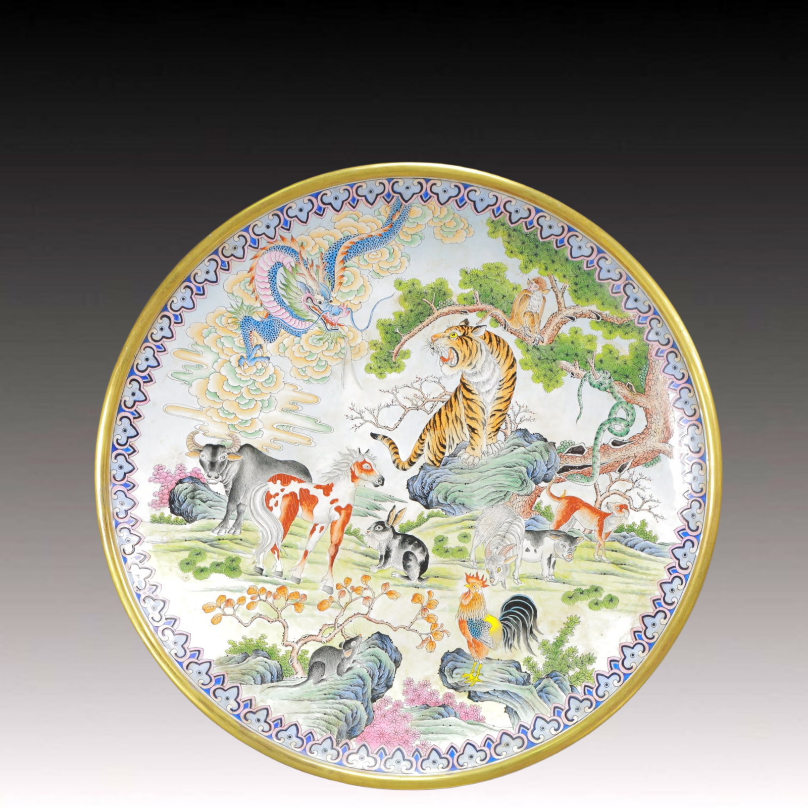 An Exquisite Painted Enamel The twelve Chinese zodiac signs Pattern Plate: An Exquisite Painted Enamel The twelve Chinese zodiac signs Pattern Plate,Qing Dynasty, China,Qianlong Six-character Mark,Size:15.2inx1.8in,Weight:1900g