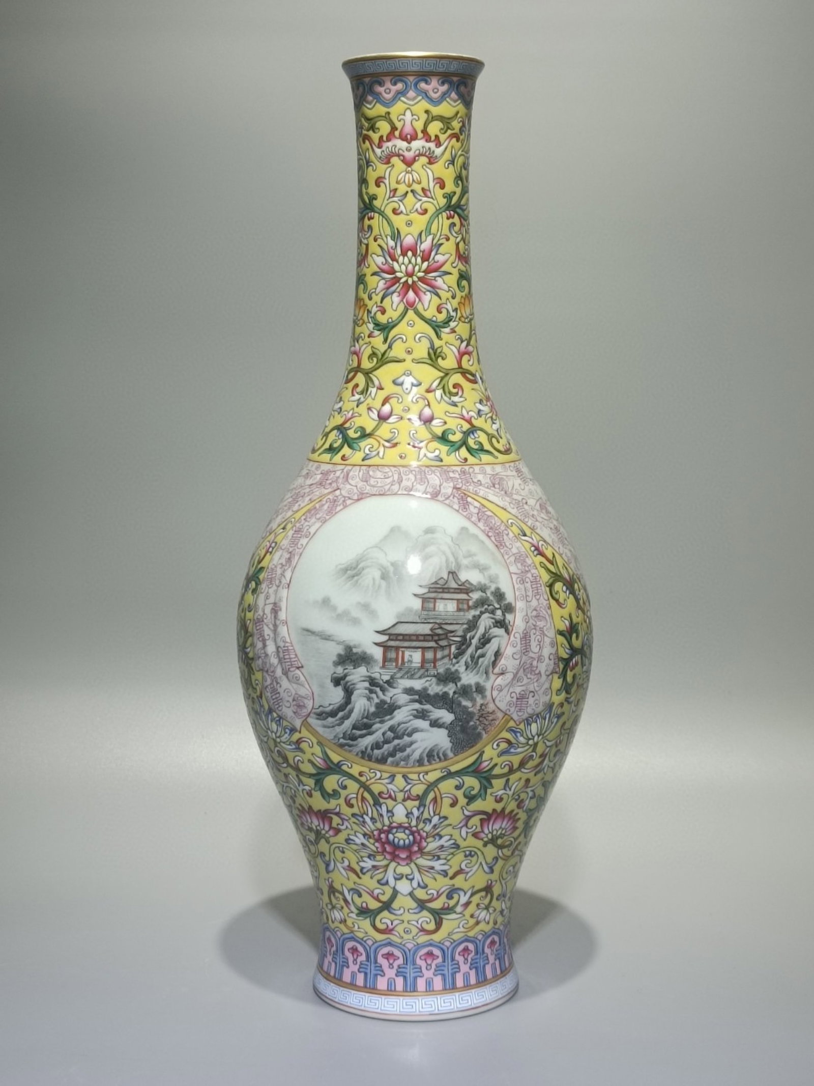 An Exquisite Enamel Landscape Pattern Vase: An Exquisite Enamel Landscape Pattern Vase,Qing Dynasty,China,Qianlong Six-character Mark,Size:13.9inx5.4in 珐琅彩山水纹瓶,中国清代,&#