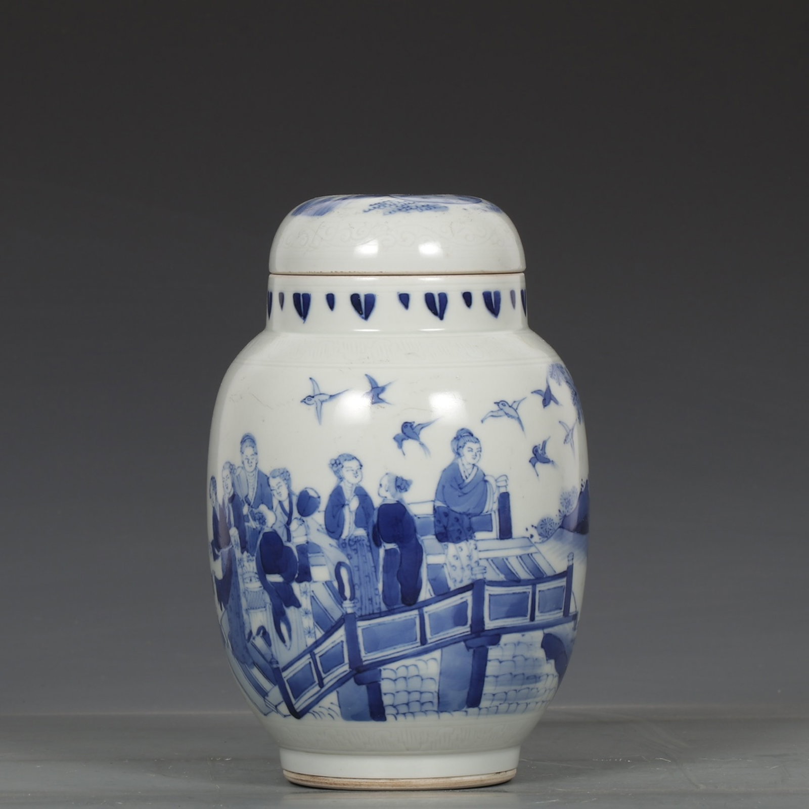 An Exquisite Blue and White Character and Story Pattern Jar with Cover: An Exquisite Blue and White Character and Story Pattern Jar with Cover,Ming Dynasty,China,Size:7.5inx5.1in 青花人物故事纹盖罐,中国