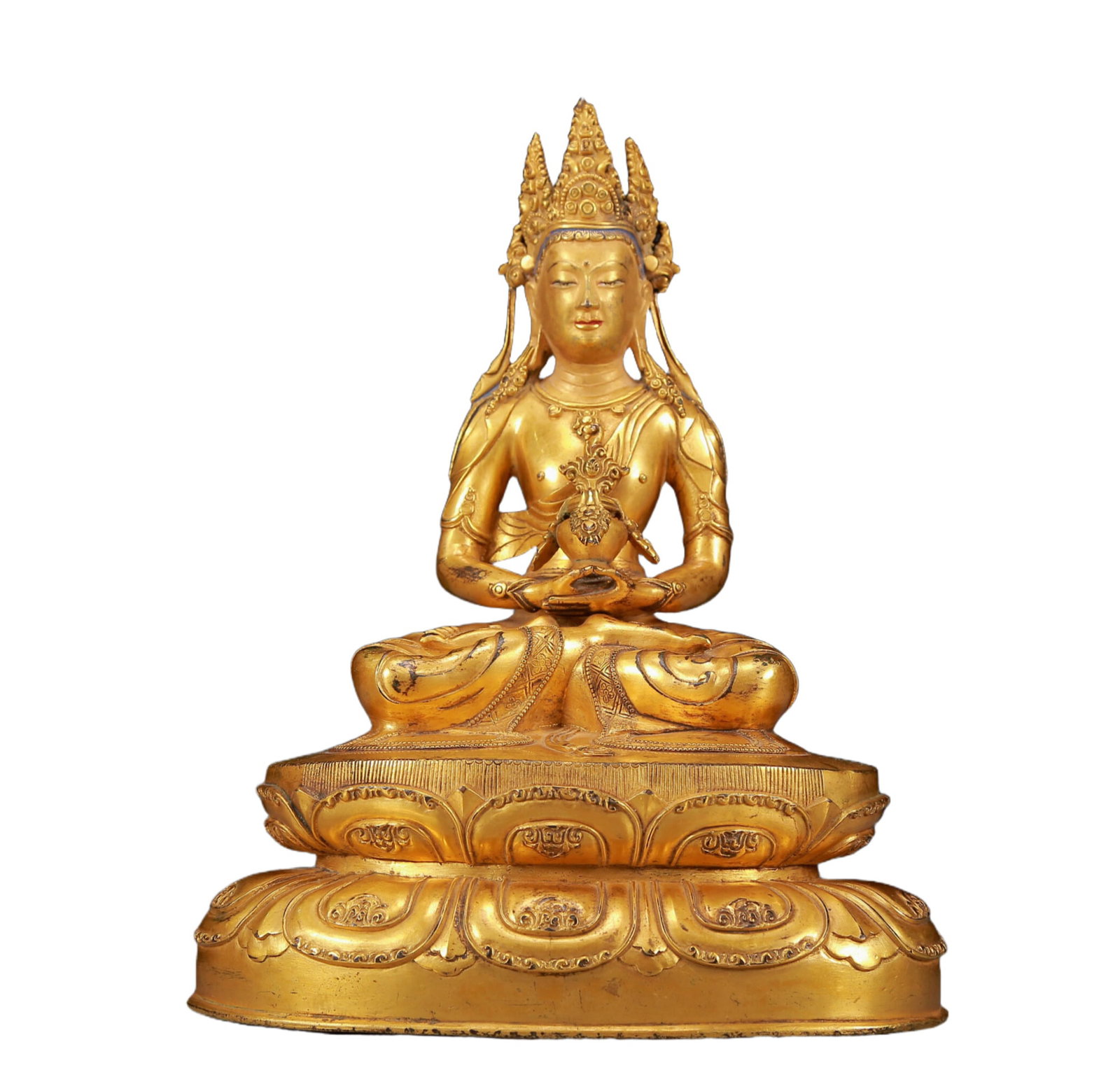 A Solemn Gilt Bronze Statue of Amitayus: A Solemn Gilt Bronze Statue of Amitayus,Ming Dynasty, China,Size:8.1inx5.3inx11in,Weight:3260g 铜鎏金无量寿佛像，明代