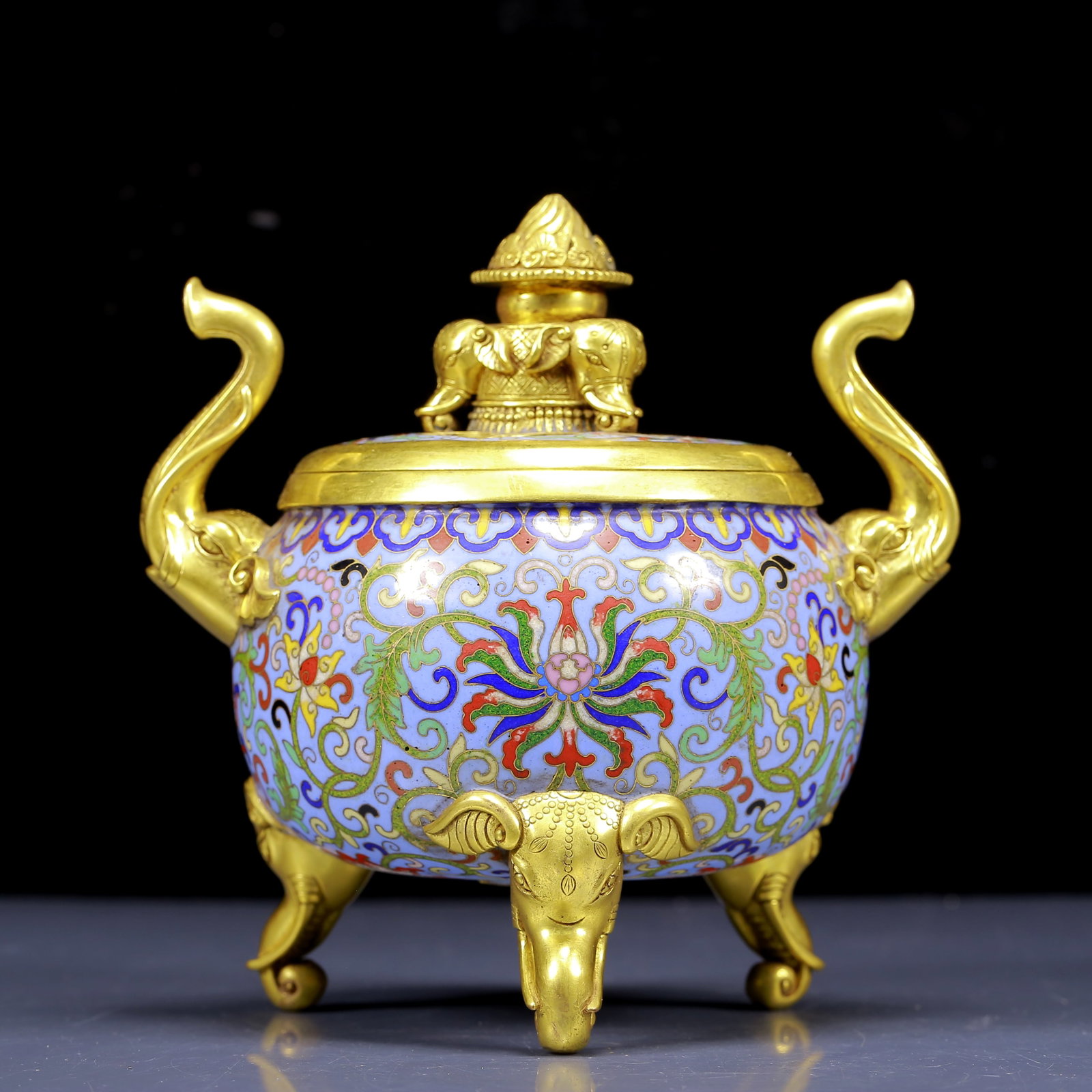 An Exquisite Cloisonne Lotus Pattern Elephant-Ears Tripod Censer: An Exquisite Cloisonne Lotus Pattern Elephant-Ears Tripod Censer,Qing Dynasty, China,Qianlong Four-character Mark,Size:7.1inx5.1inx7.5in,Weight:2505g 景泰蓝缠枝莲&#