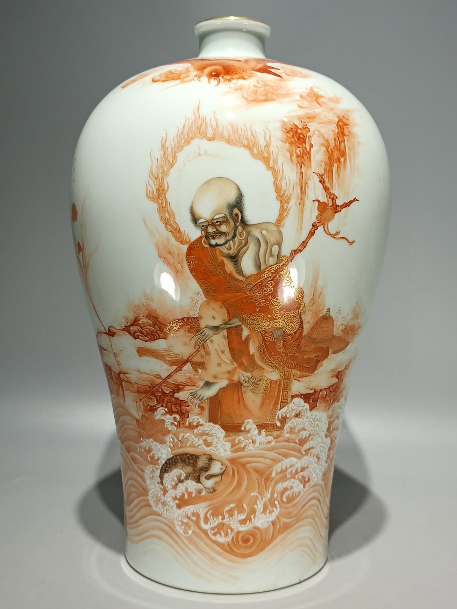 A Rare Iron-Red Painted Gold Figure Pattern Vase,with poem: A Rare Iron-Red Painted Gold Figure Pattern Vase,with poem,Qing Dynasty,China,Yongzheng Six-character Mark,Size:12.9inx7.3in 矾红描金人物纹瓶,带&#