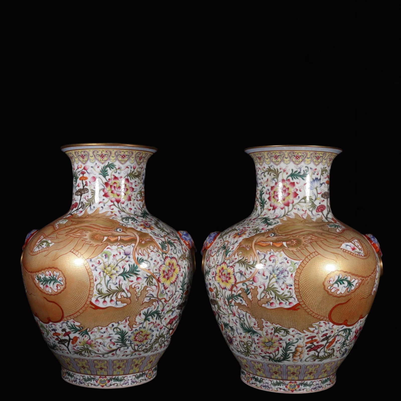 A Pair of Exquisite Famille-Rose Lotus and Dragon Pattern Beast-Ears Vases (1 of 9)
