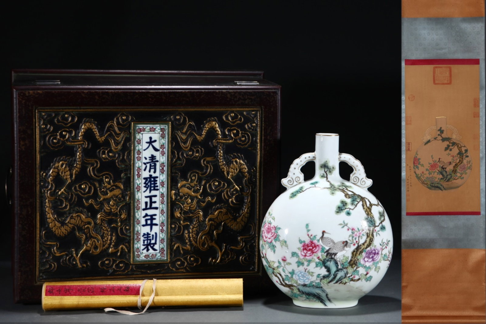 A Rare Famille-Rose Flower and Bird Pattern Double-Ears Vase,with Poem,with Chinese Vertical Scroll: A Rare Famille-Rose Flower and Bird Pattern Double-Ears Vase,with Poem,with Chinese Vertical Scroll Ink Painting on Silk,Qing Dynasty,China,Yongzheng Six-Character Mark,Size:(Without Frame)24.4inx12.4