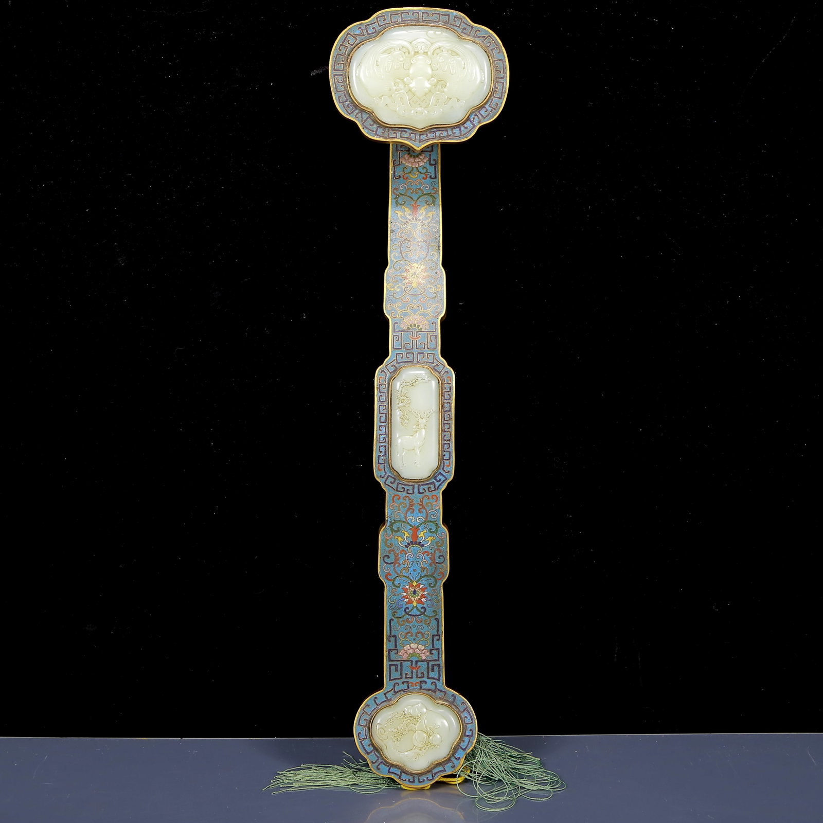 A Huge Cloisonne Inlaid White Jade Bats and Peach Pattern Ruyi: A Huge Cloisonne Inlaid White Jade Bats and Peach Pattern Ruyi,Qing Dynasty, China,Qianlong Four-character Mark,Size:18.9inx4.3inx2.8in,Weight:1110g 景泰蓝嵌白玉
