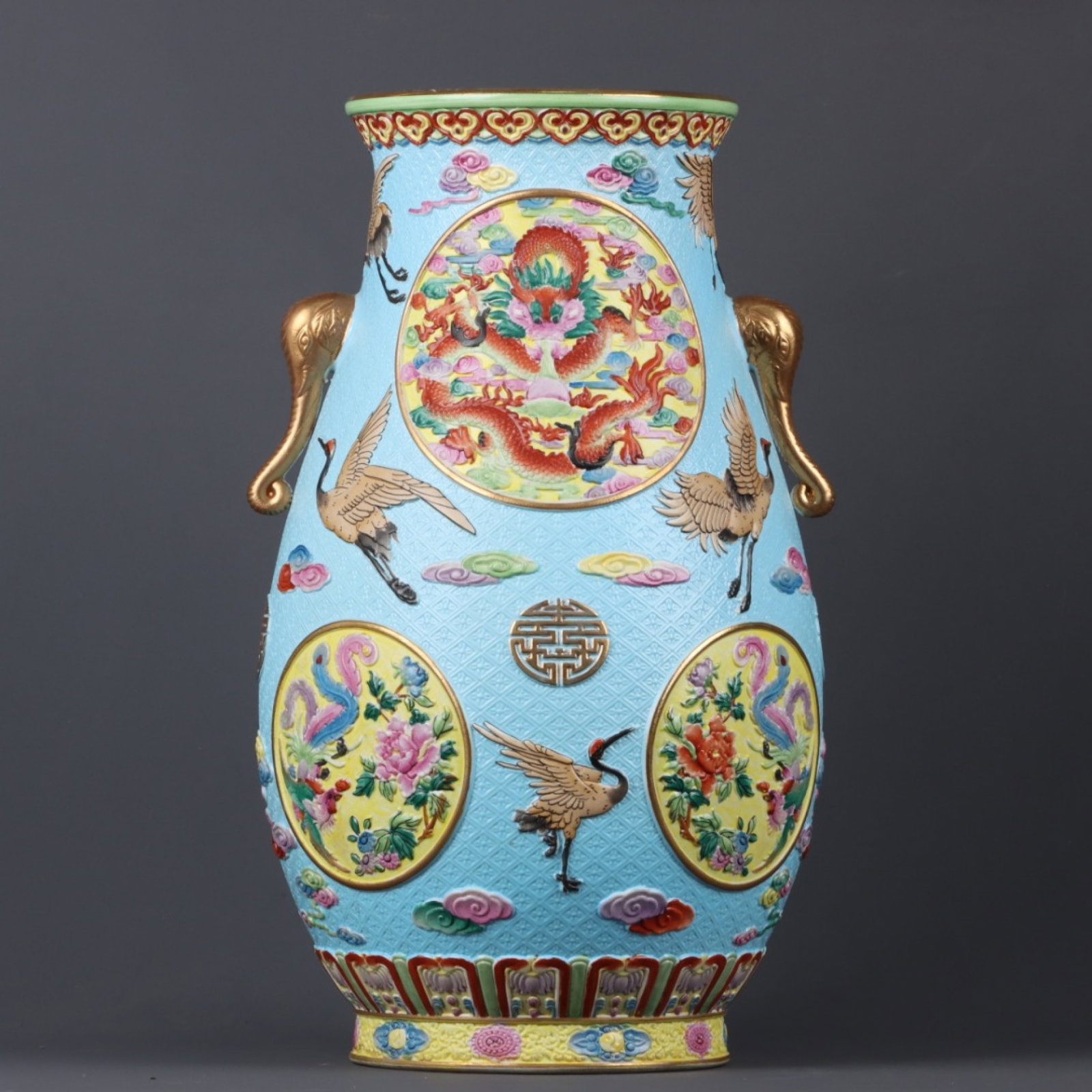 A Huge Enamel Gilt Auspicious Cloud and Crane Pattern Elephant-Ears Vase: A Huge Enamel Gilt Auspicious Cloud and Crane Pattern Elephant-Ears Vase,Qing Dynasty,China,Qianlong Six-character Mark,Size:16.5inx10.6in 珐琅彩鎏金祥云ƕ