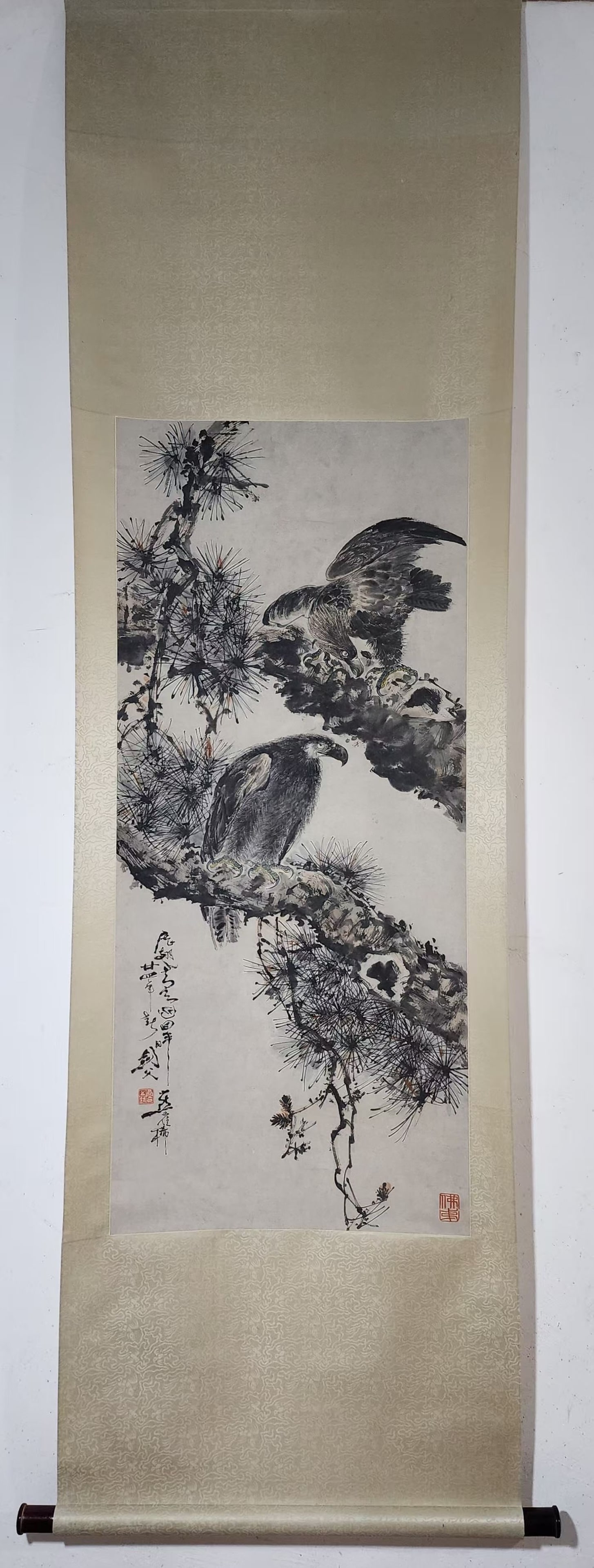 A Chinese Vertical Scroll Ink Painting of Pine and Eagle on Paper: A Chinese Vertical Scroll Ink Painting of Pine and Eagle on Paper,Gao Jianfu,Size:45.7inx20.1in 一幅中国水墨松鹰画立轴,高剑