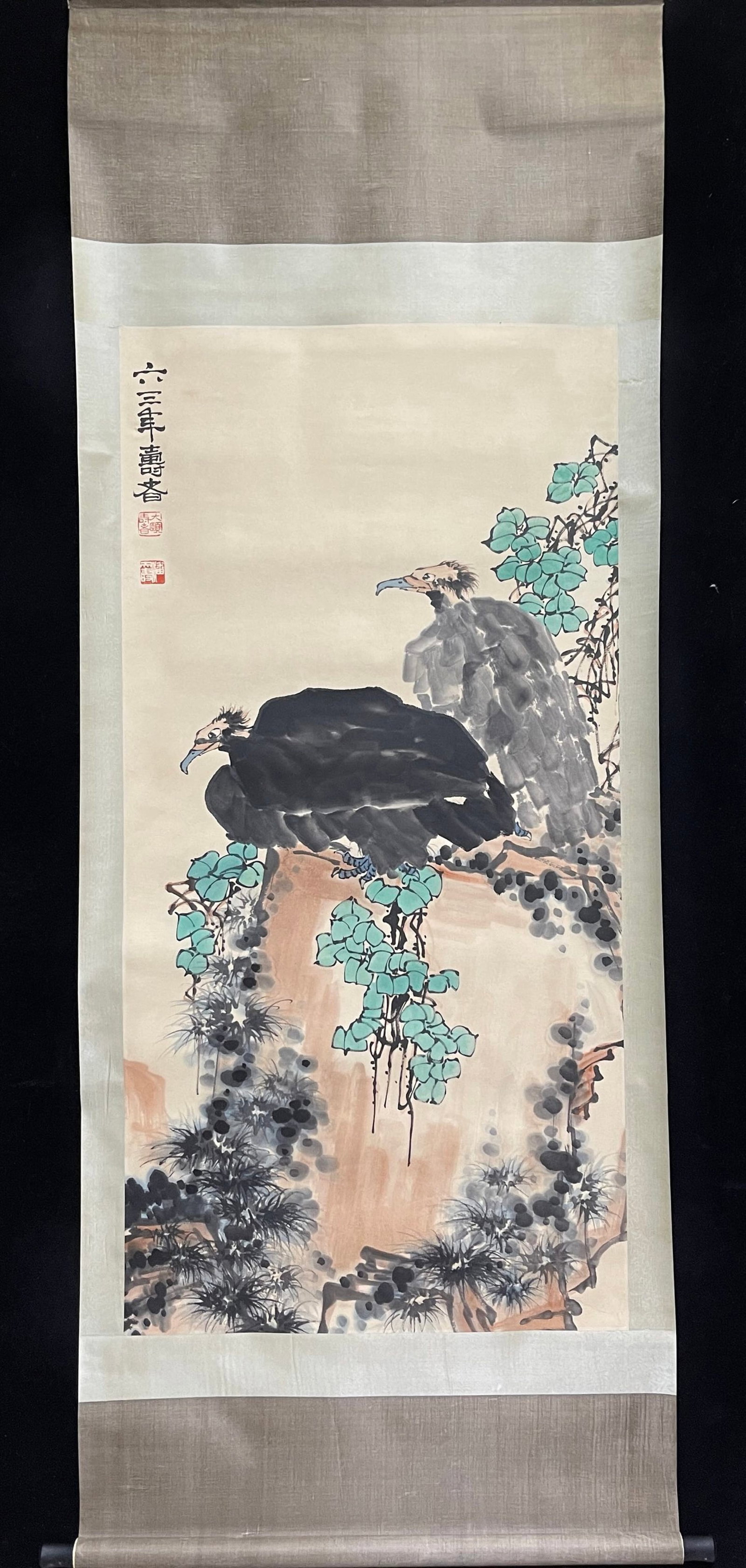 A Chinese Vertical Scroll Ink Painting of Eagle on Paper: A Chinese Vertical Scroll Ink Painting of Eagle on Paper,Pan Tianshou,Size:26.8inx53.9in 一幅中国水墨鹰画立轴,潘天寿