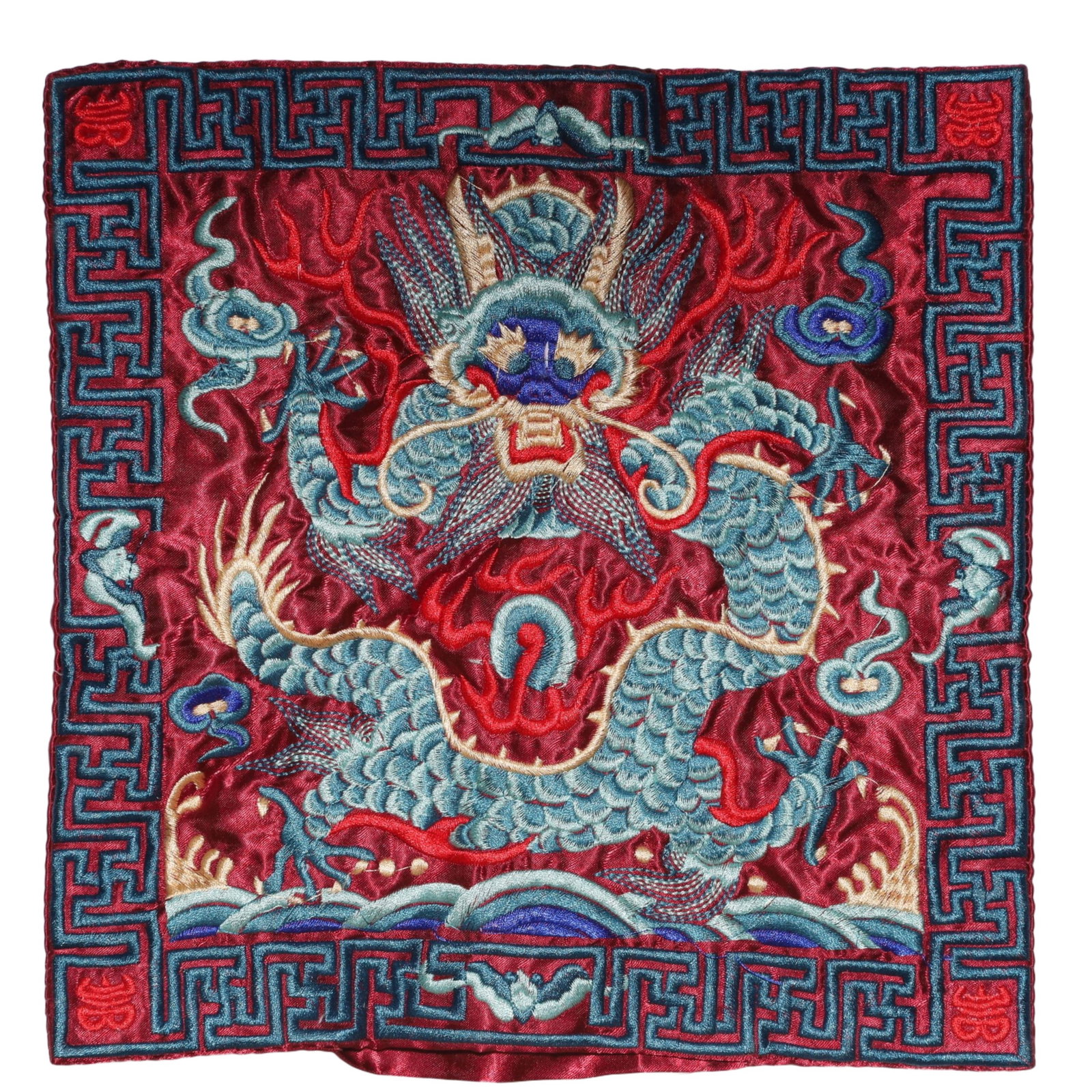 An Exquisite Embroidery Dragon Pattern Civil Official Rank Badges: An Exquisite Embroidery Dragon Pattern Civil Official Rank Badges,Qing Dynasty,China,Size:10.2inx10.2in 刺绣龙官补,中国清代