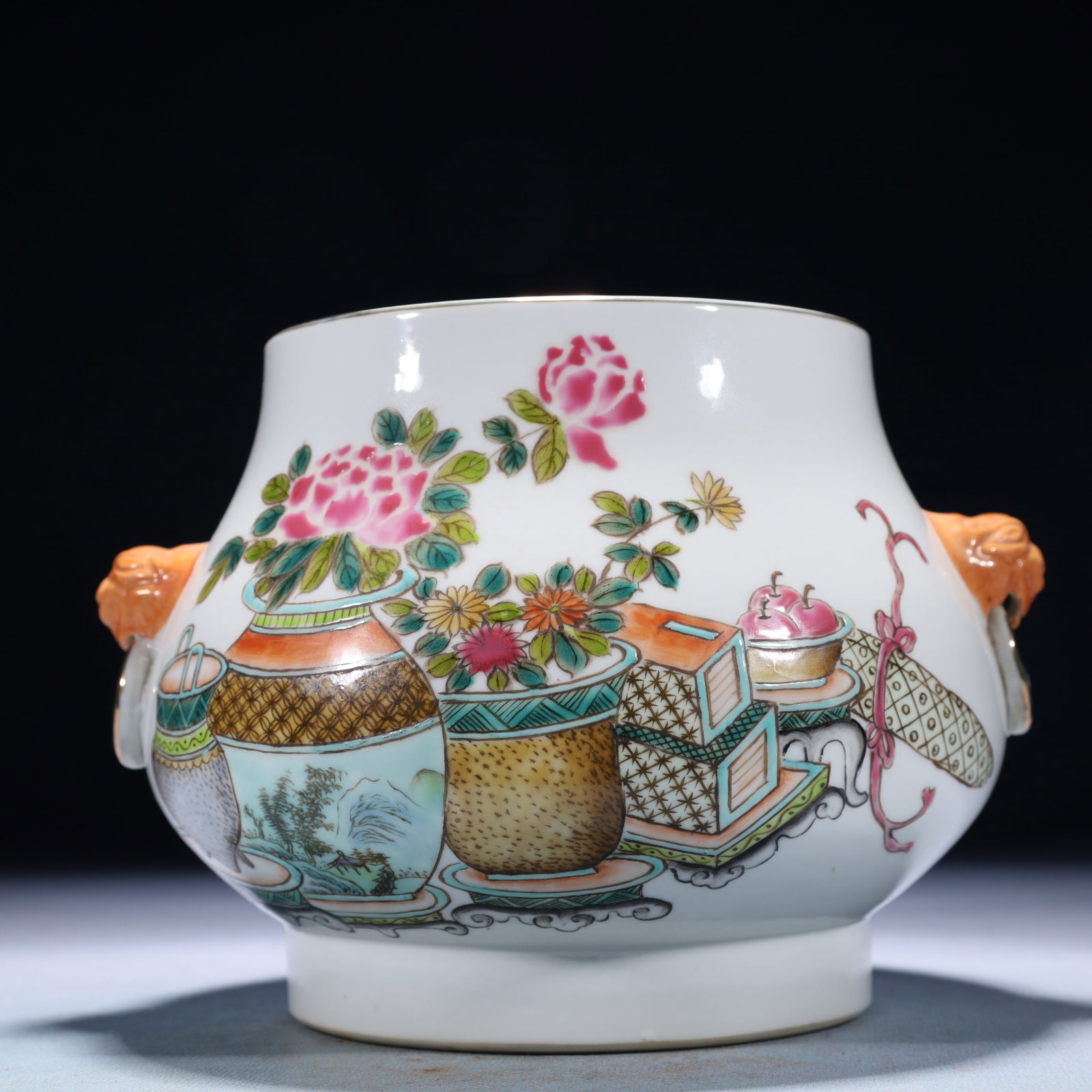 An Exquisite Famille-Rose Flower Pattern Beast-Ears Censer,with poem: An Exquisite Famille-Rose Flower Pattern Beast-Ears Censer,with poem,Qing Dynasty,China,With Mark,Size:7.5inx5.5in,Weight:1250g 粉彩花卉纹兽耳香炉