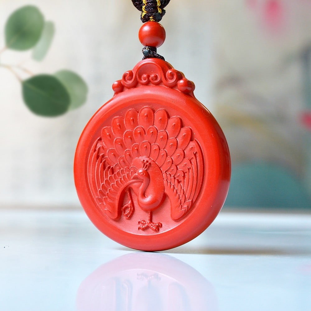 An Exquisite Cinnabar Peacock Pattern Pendant - 2