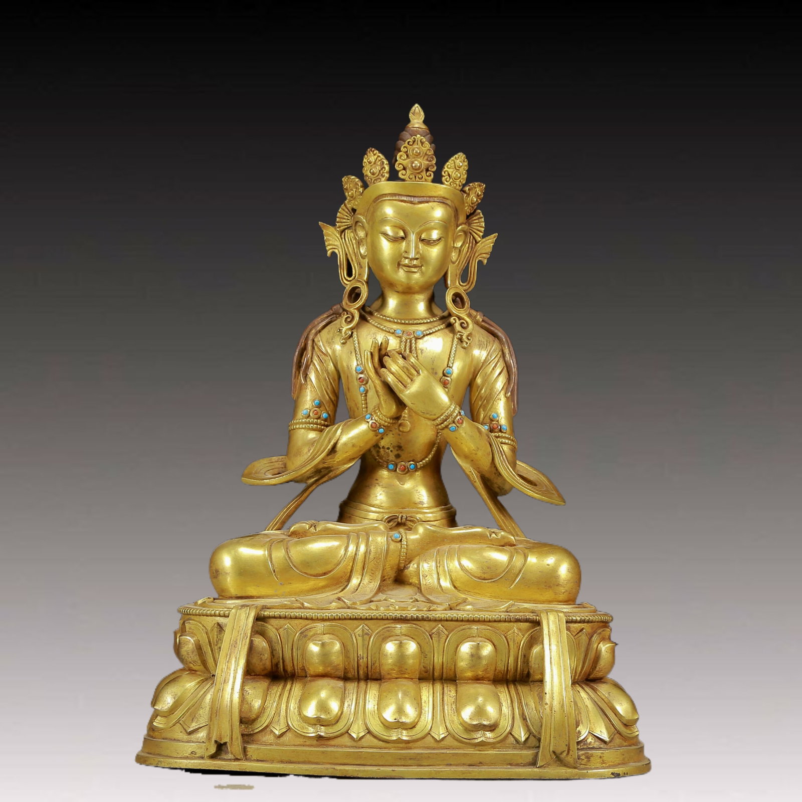 A Solemn Gilt Bronze Inlaid Turquoise Statue of Manjusri: A Solemn Gilt Bronze Inlaid Turquoise Statue of Manjusri,Ming Dynasty, China,Size:13.8inx9.8inx19.3in,Weight:17430g 铜鎏金嵌绿松石文殊菩!