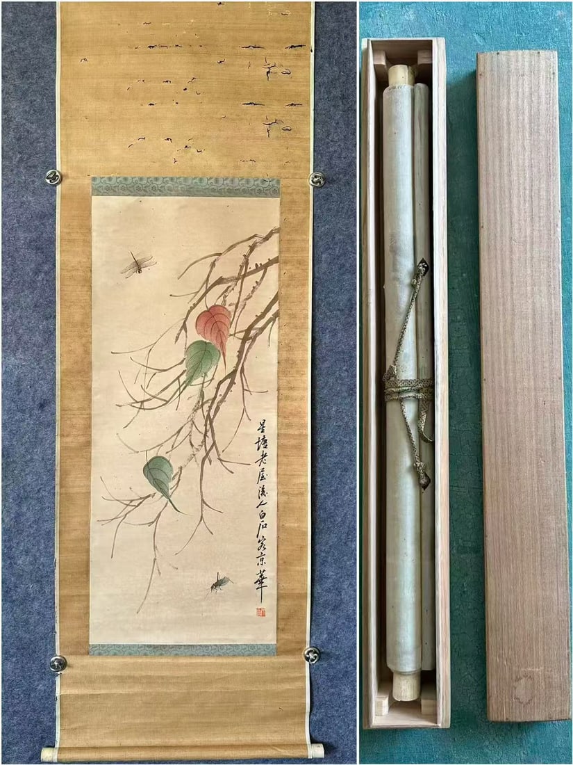 A Chinese Vertical Scroll Ink Painting of Leaf and Insect on Paper,Qi Baishi: A Chinese Vertical Scroll Ink Painting of Leaf and Insect on Paper,Qi Baishi,Size:(Without frame)16.5inx39.2in