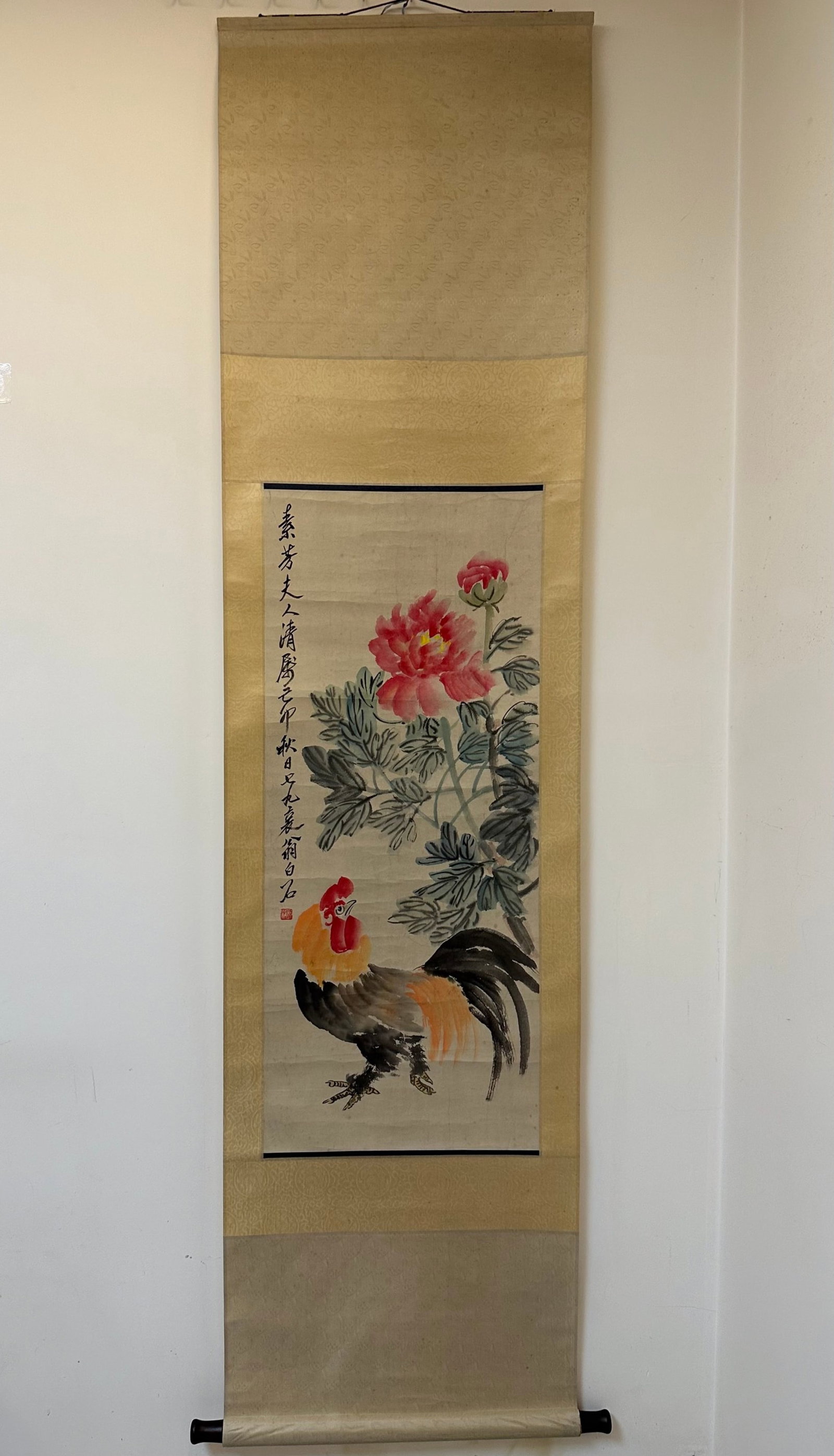 A Chinese Vertical Scroll Ink Painting of Flower and Rooster on Paper (1 of 8)