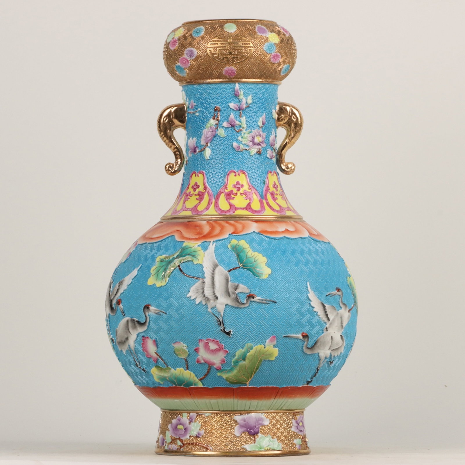 An Exquisite Enamel Gilt Lotus and Crane Pattern Elephant-Ears Vase: An Exquisite Enamel Gilt Lotus and Crane Pattern Elephant-Ears Vase,Qing Dynasty, China,Qianlong Six-character Mark,Size:14.2inx5.9in 珐琅彩鎏金荷花仙&#